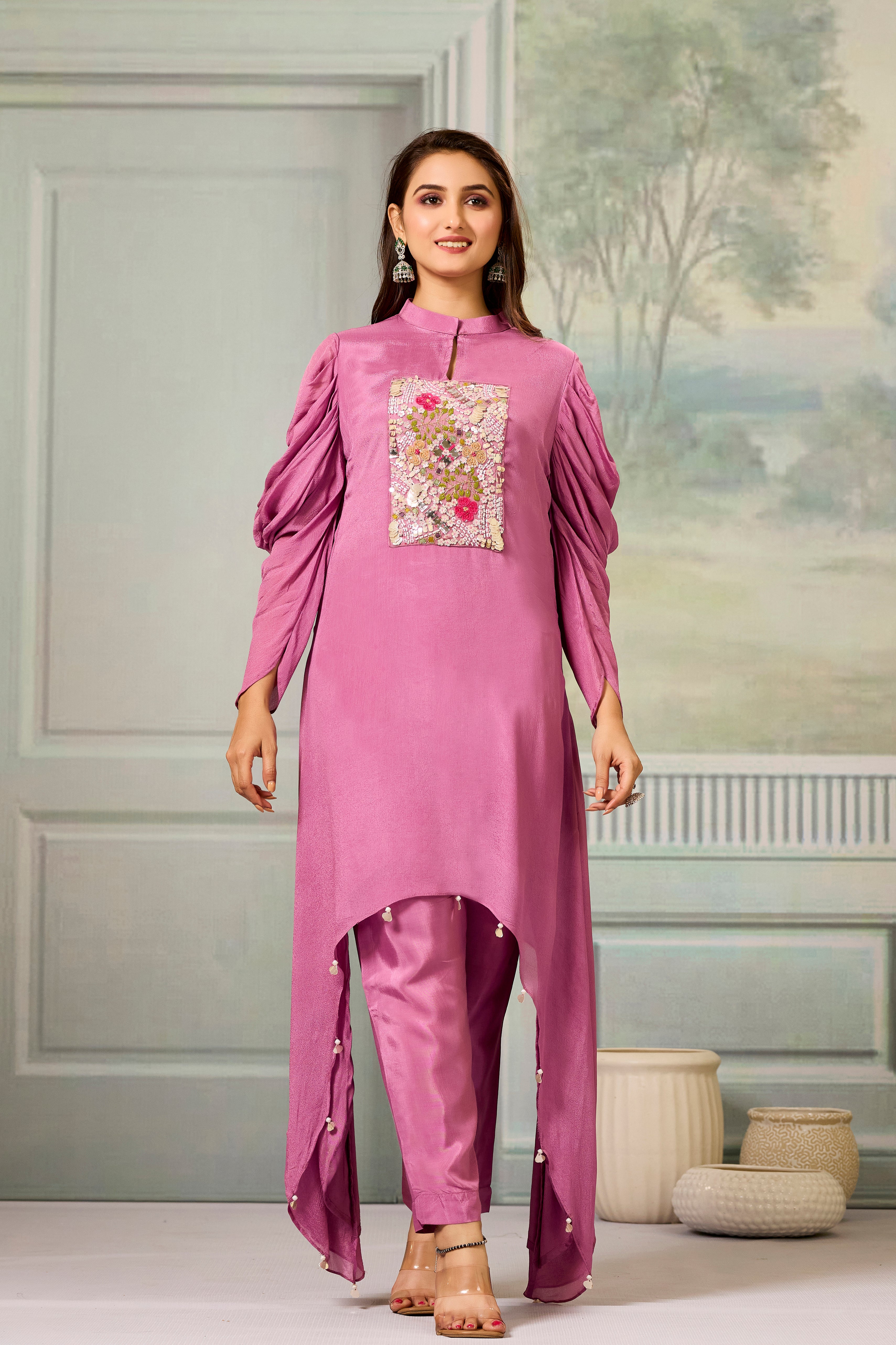 Pink Handwork Chinon Silk Kurta Pants Set