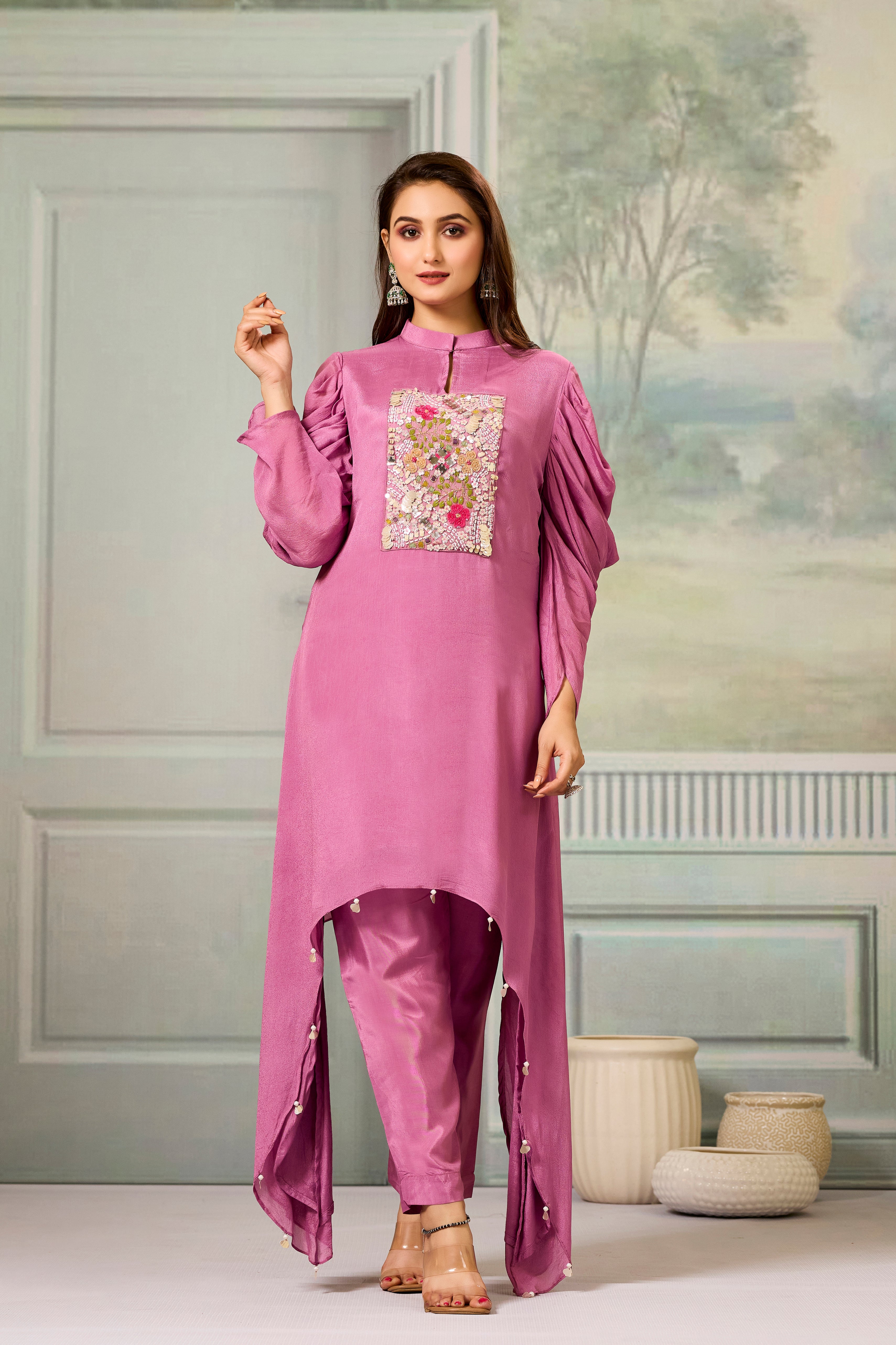 Pink Handwork Chinon Silk Kurta Pants Set