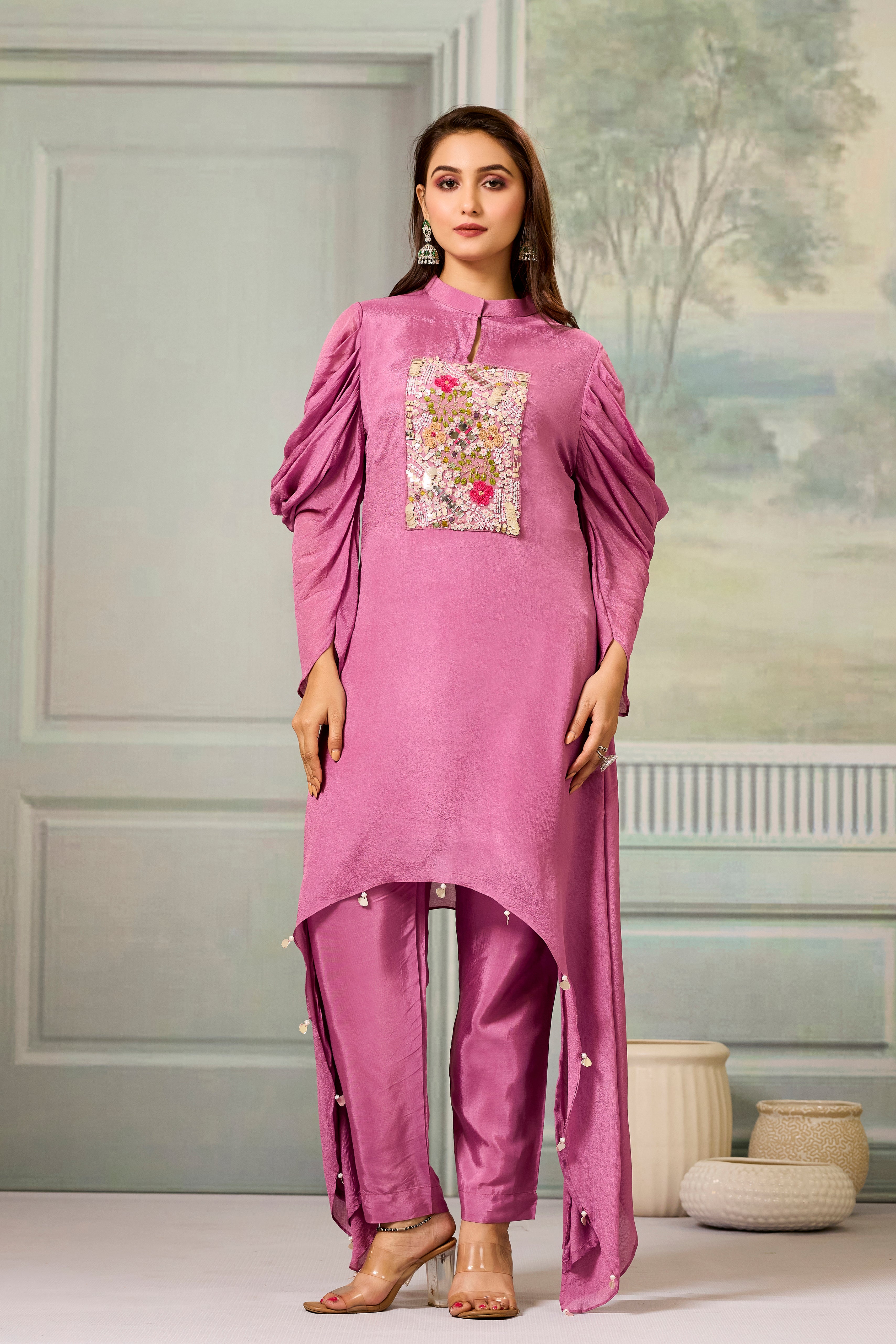 Pink Handwork Chinon Silk Kurta Pants Set