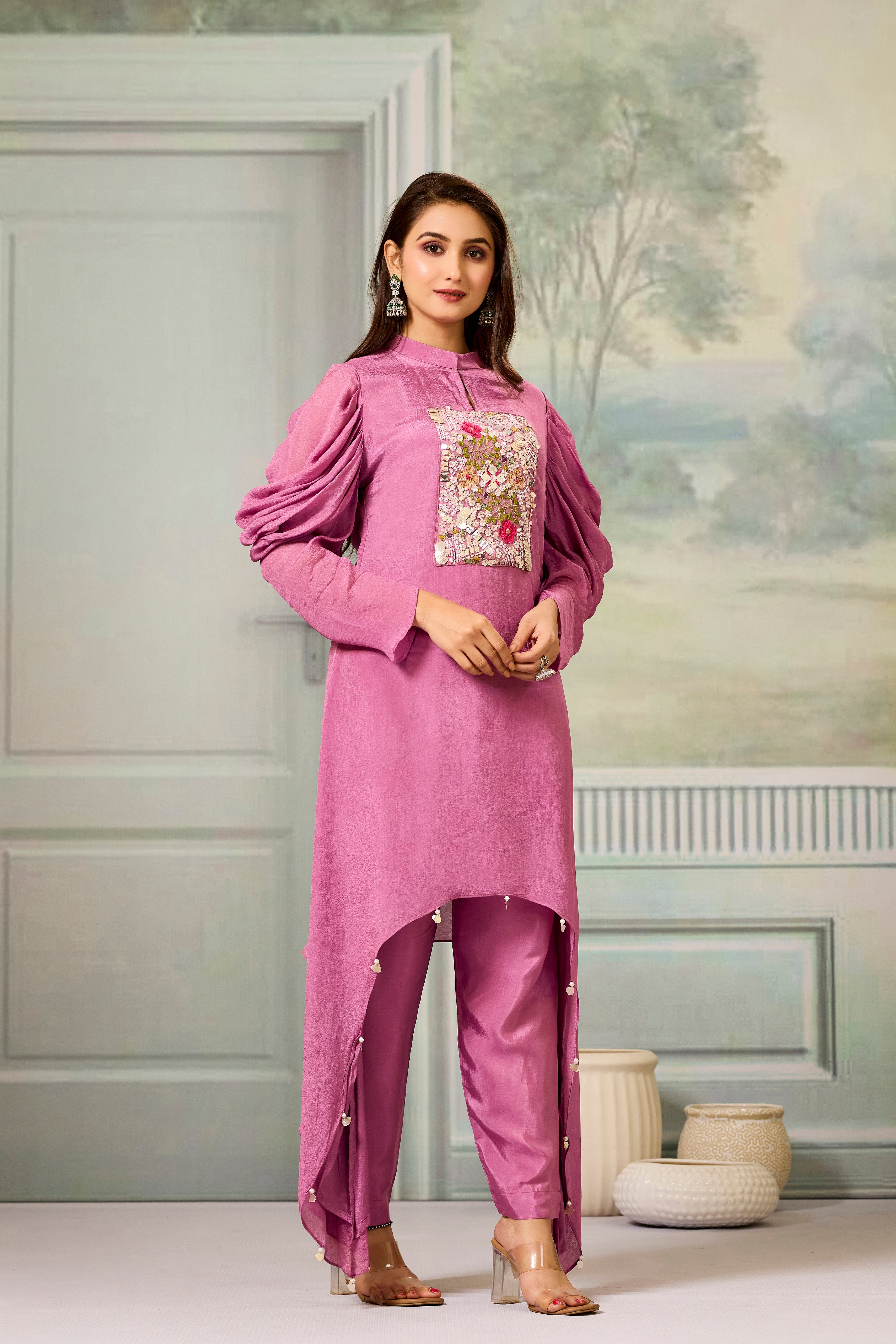 Pink Handwork Chinon Silk Kurta Pants Set