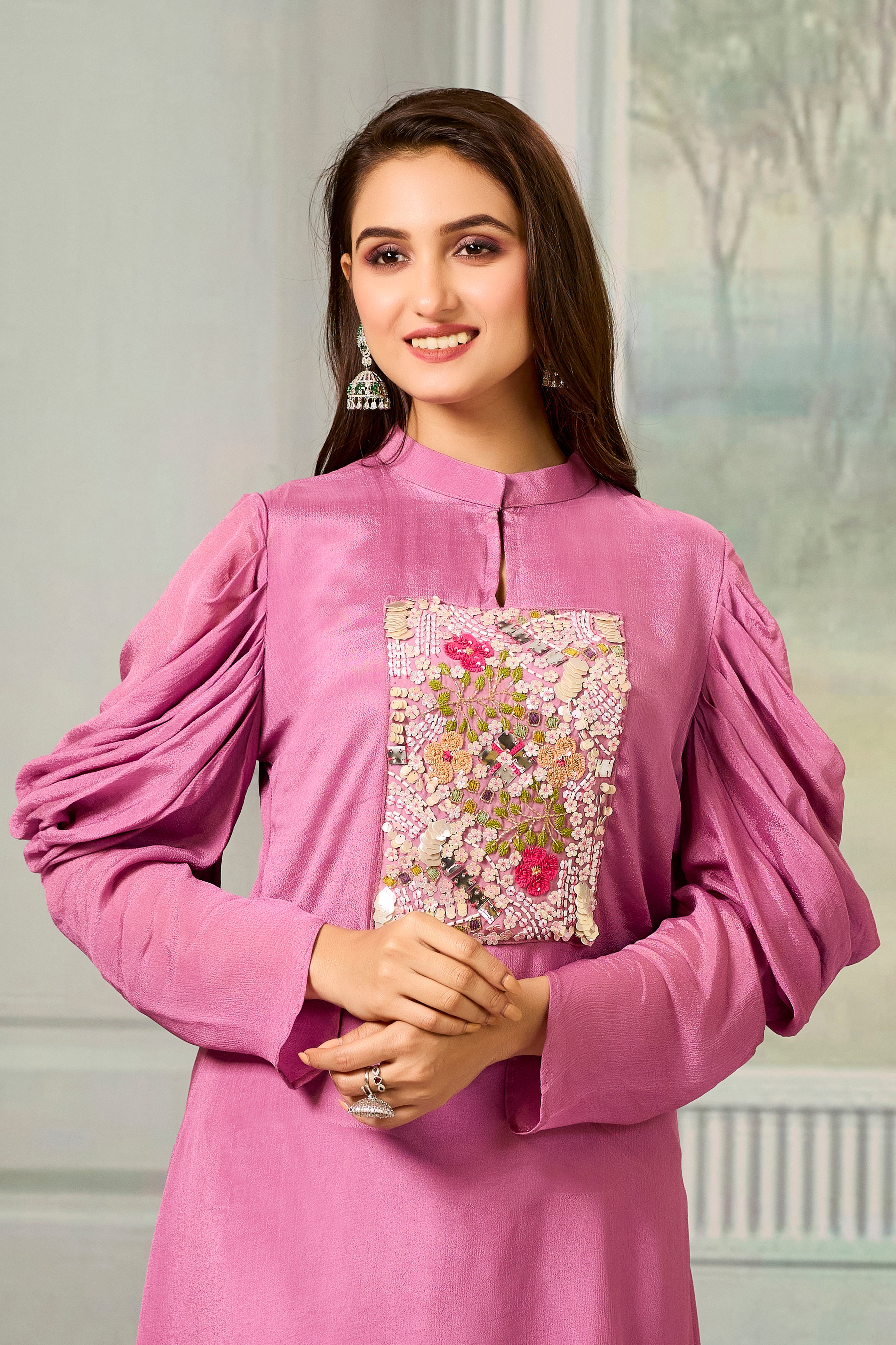 Pink Handwork Chinon Silk Kurta Pants Set