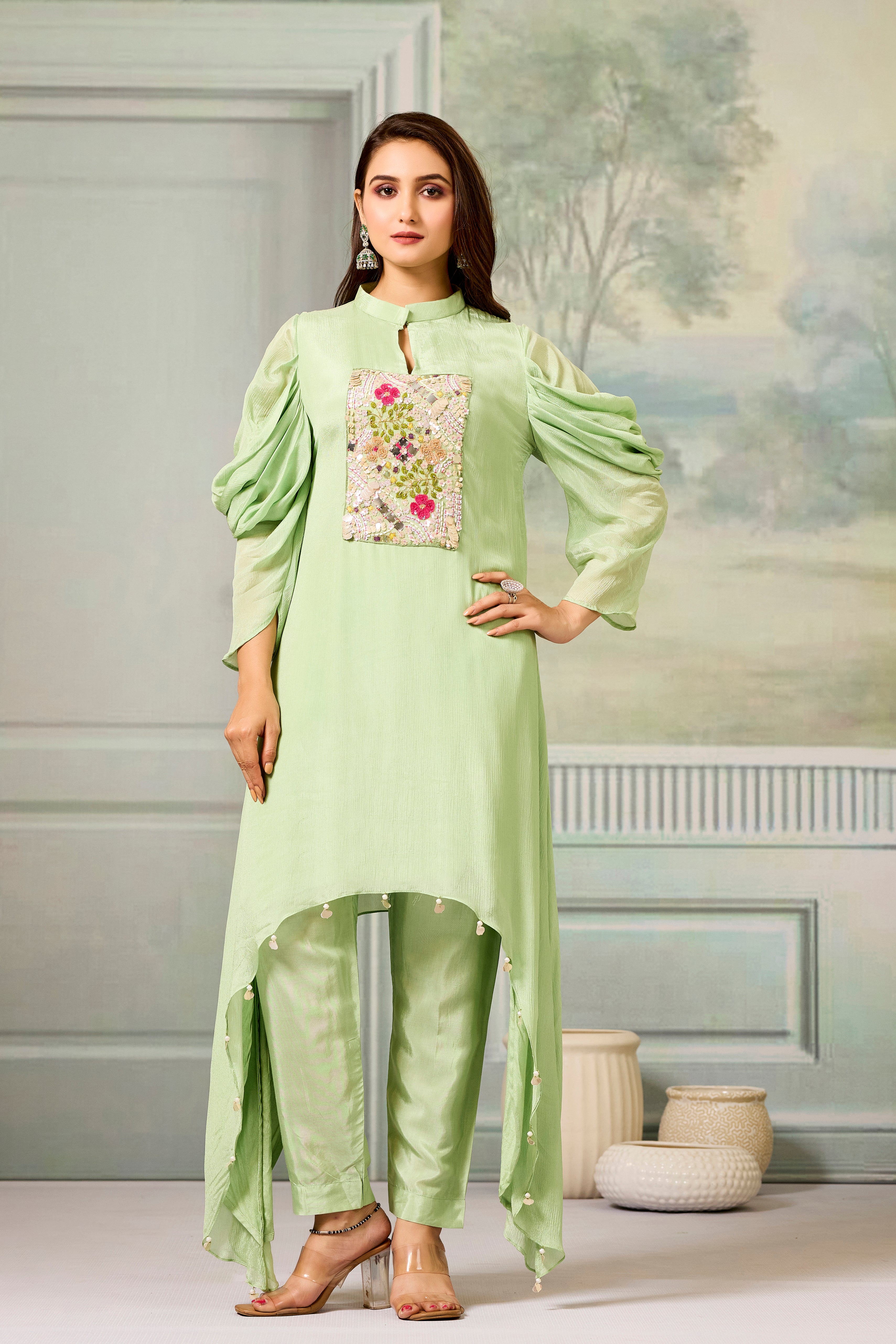 Green Handwork Chinon Silk Kurta Pants Set