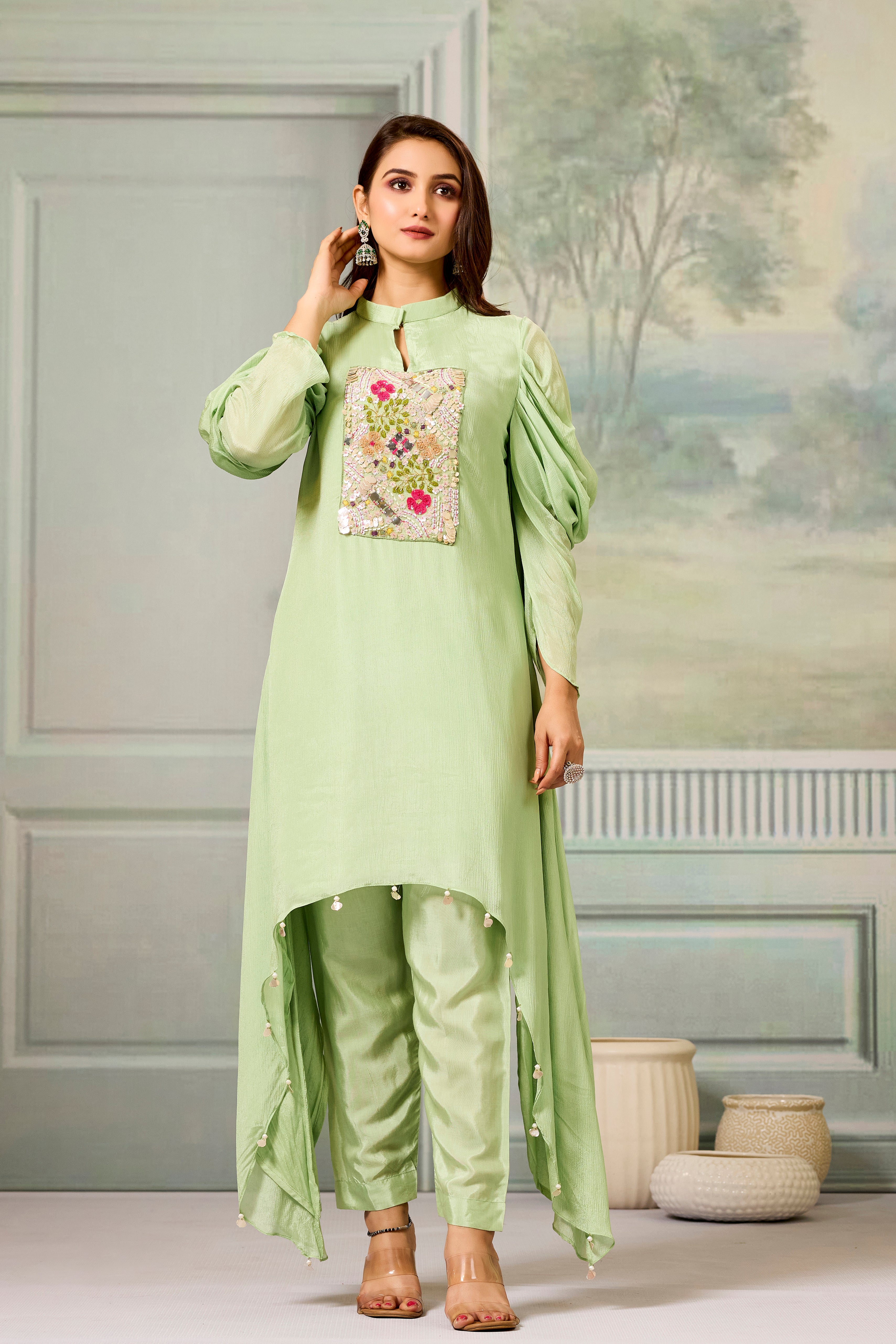 Green Handwork Chinon Silk Kurta Pants Set