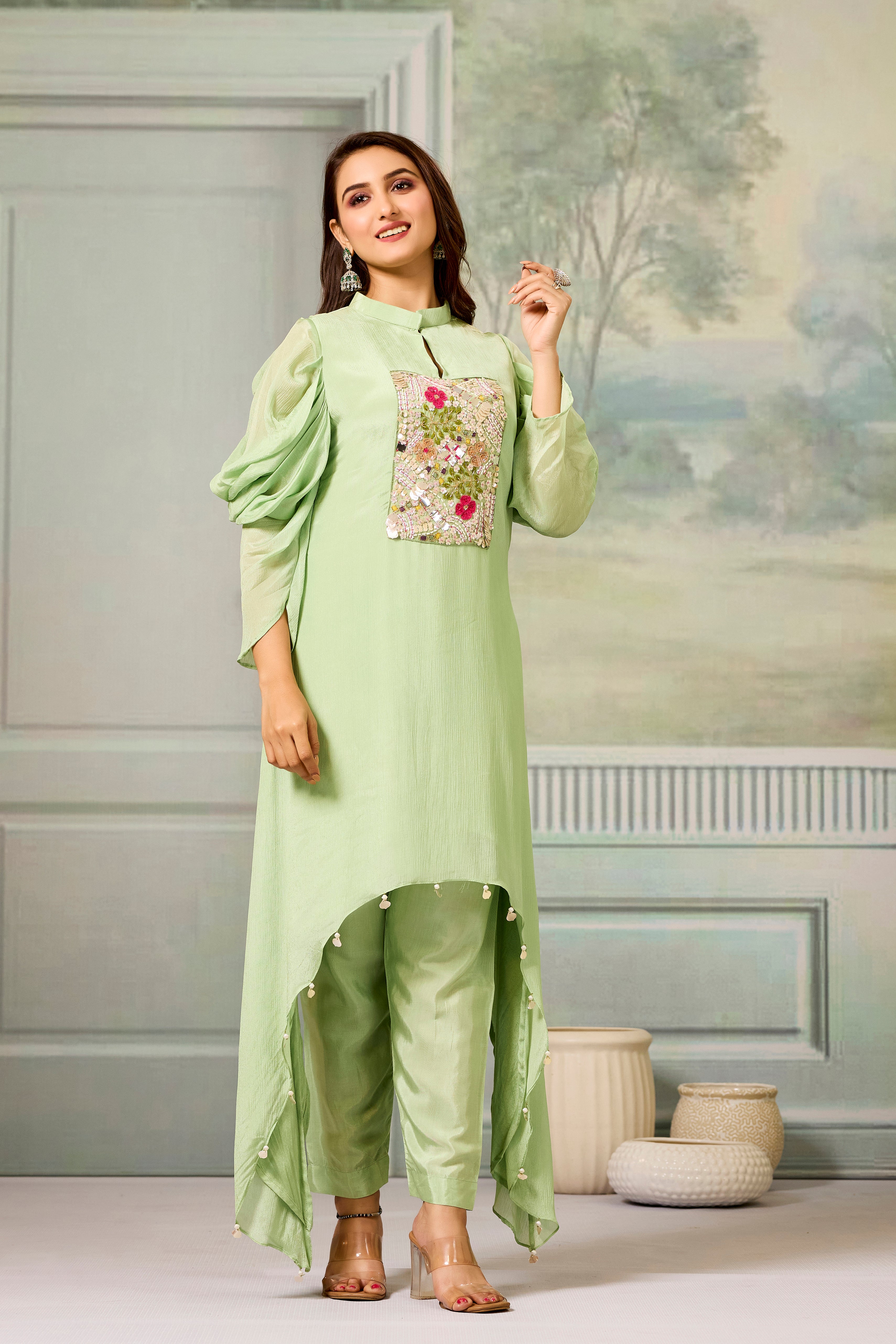 Green Handwork Chinon Silk Kurta Pants Set