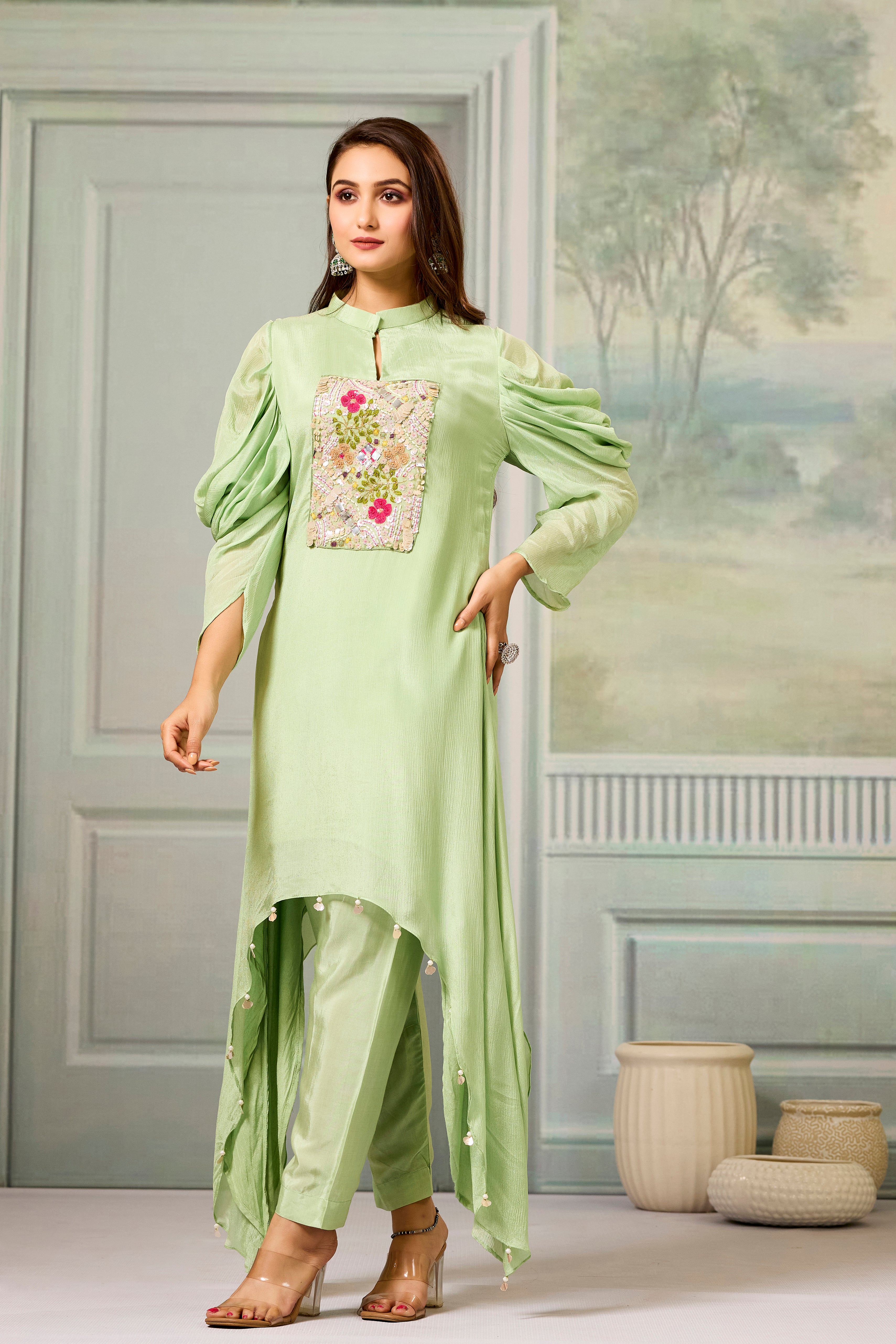 Green Handwork Chinon Silk Kurta Pants Set