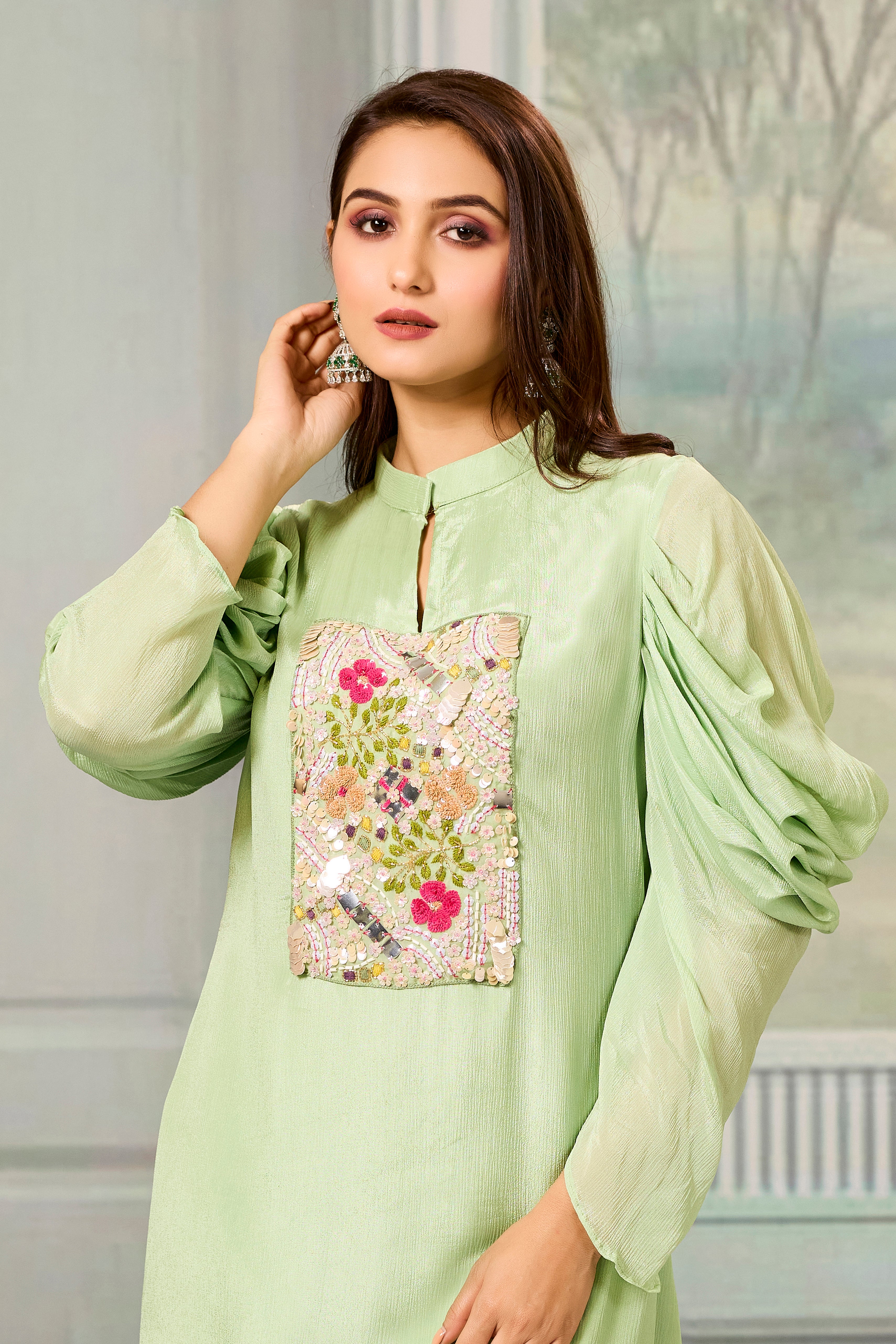 Green Handwork Chinon Silk Kurta Pants Set