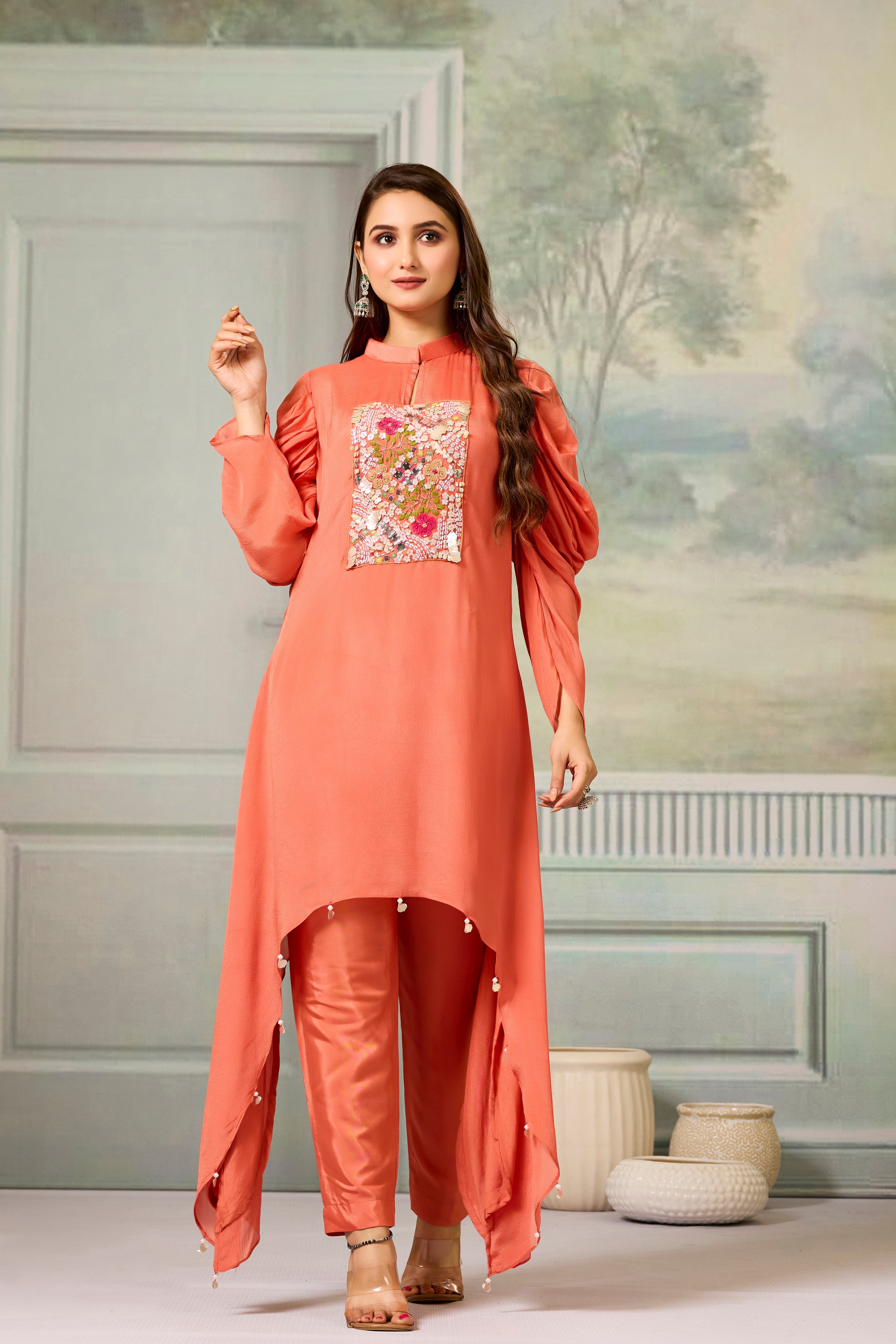 Orange Handwork Chinon Silk Kurta Pants Set