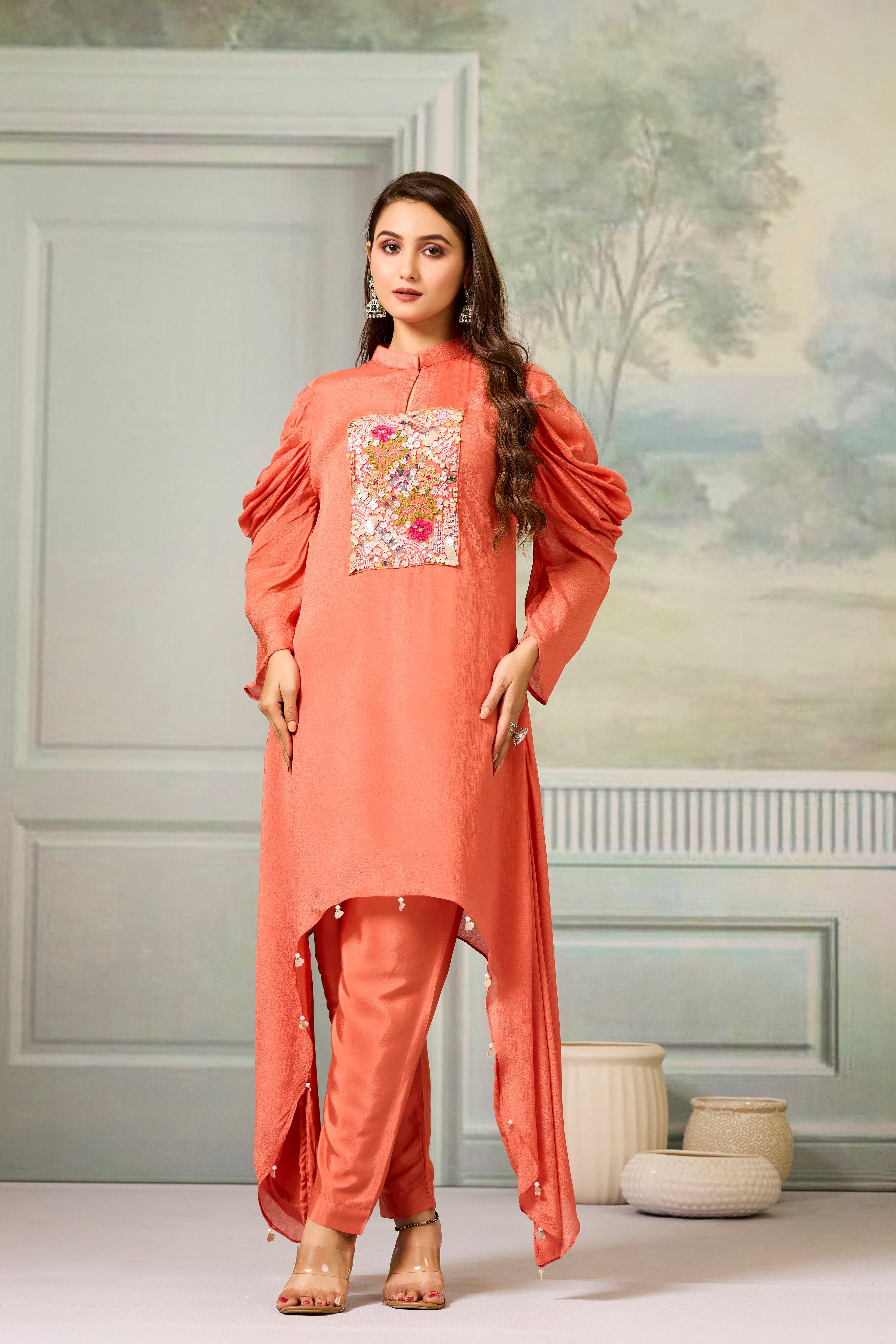 Orange Handwork Chinon Silk Kurta Pants Set