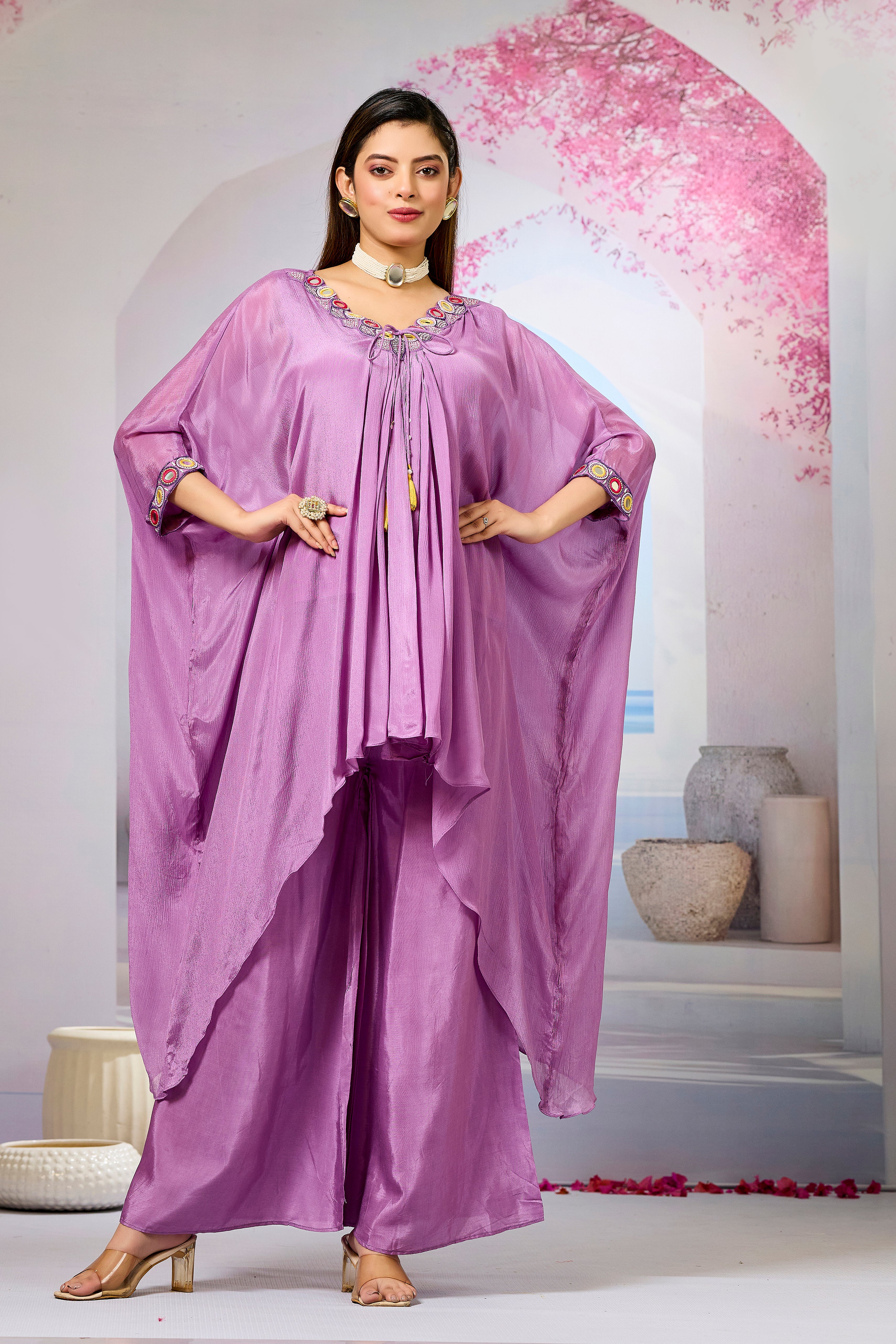 Lavender Embellished Chinon Silk Kaftan Set