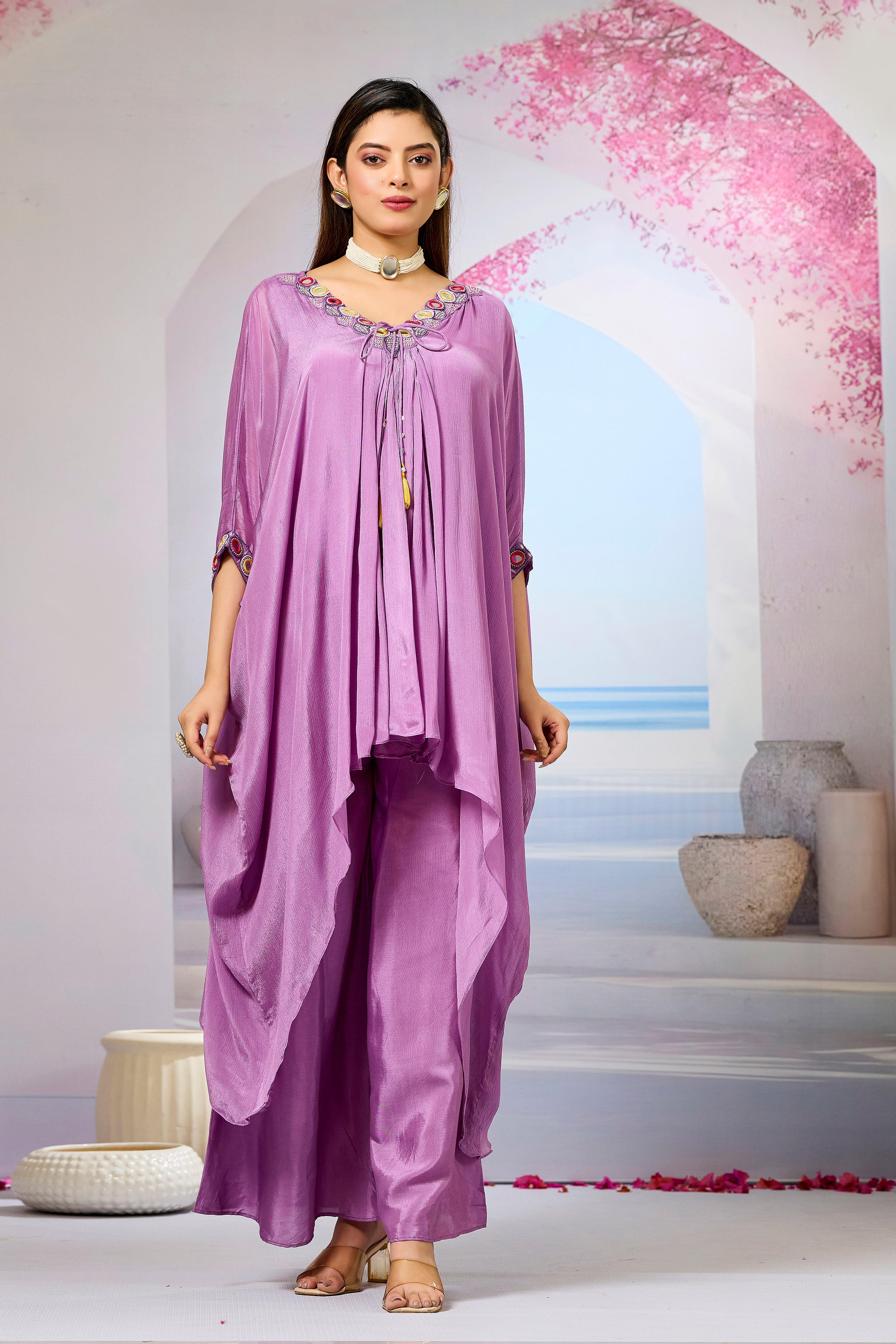 Lavender Embellished Chinon Silk Kaftan Set