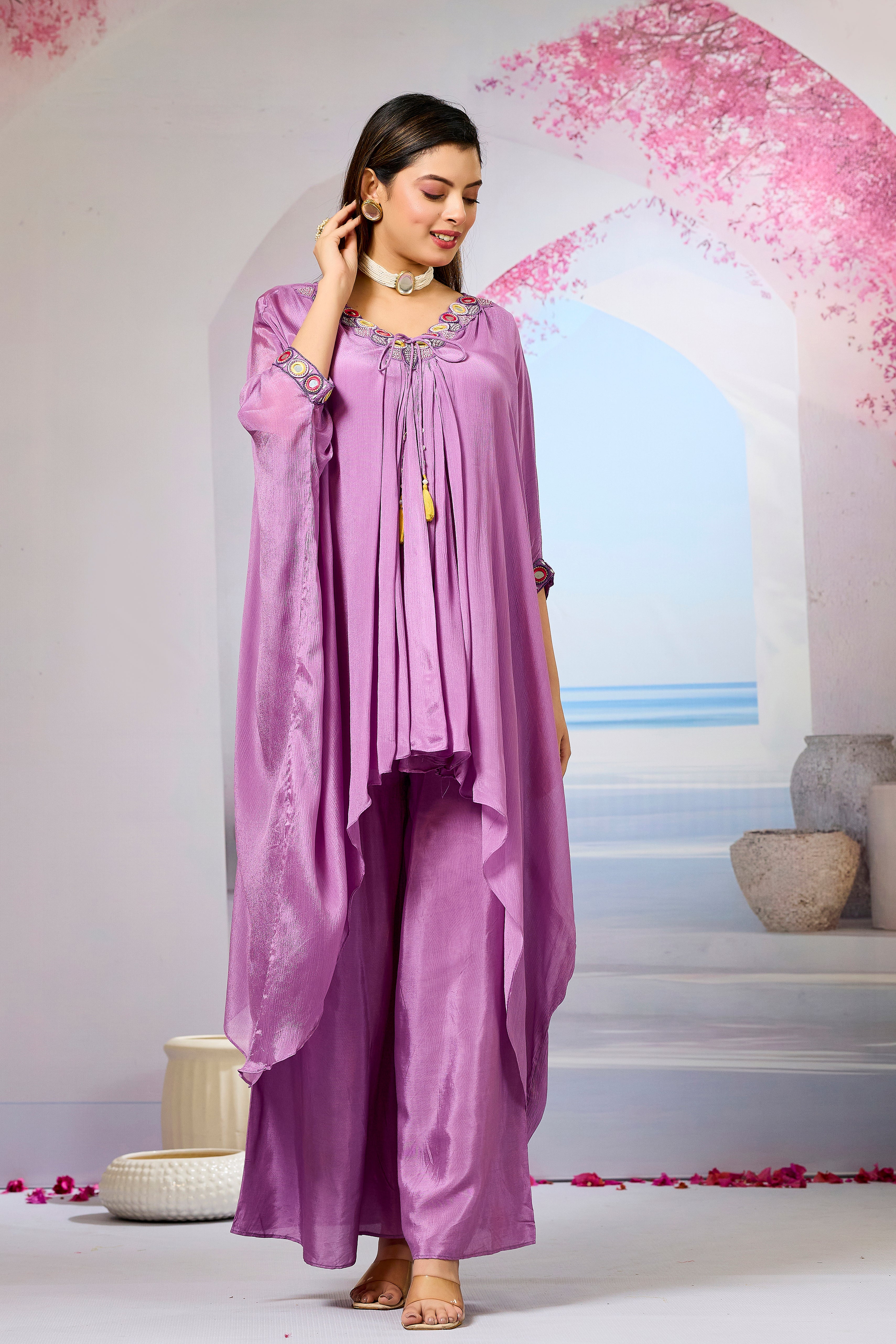 Lavender Embellished Chinon Silk Kaftan Set