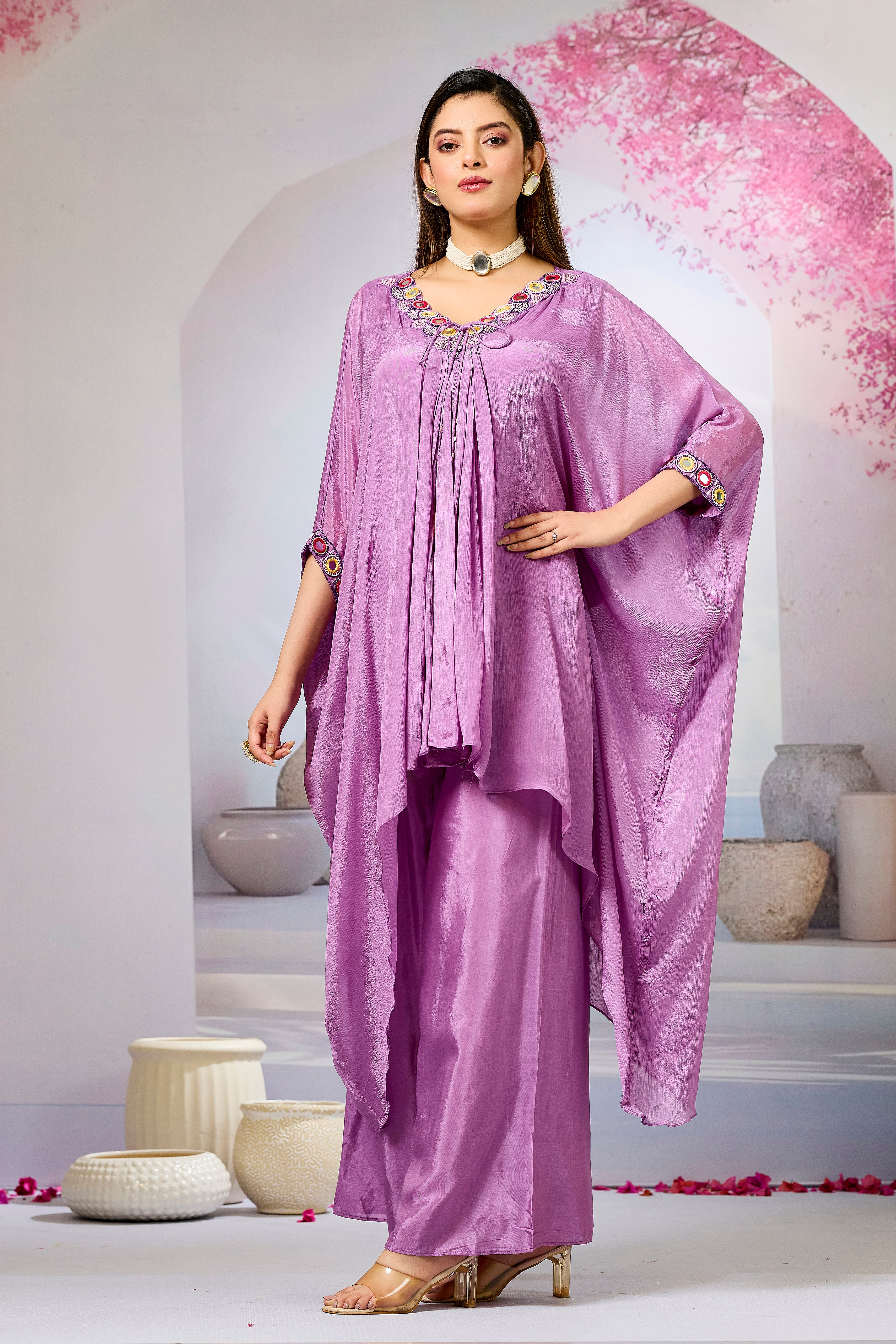 Lavender Embellished Chinon Silk Kaftan Set
