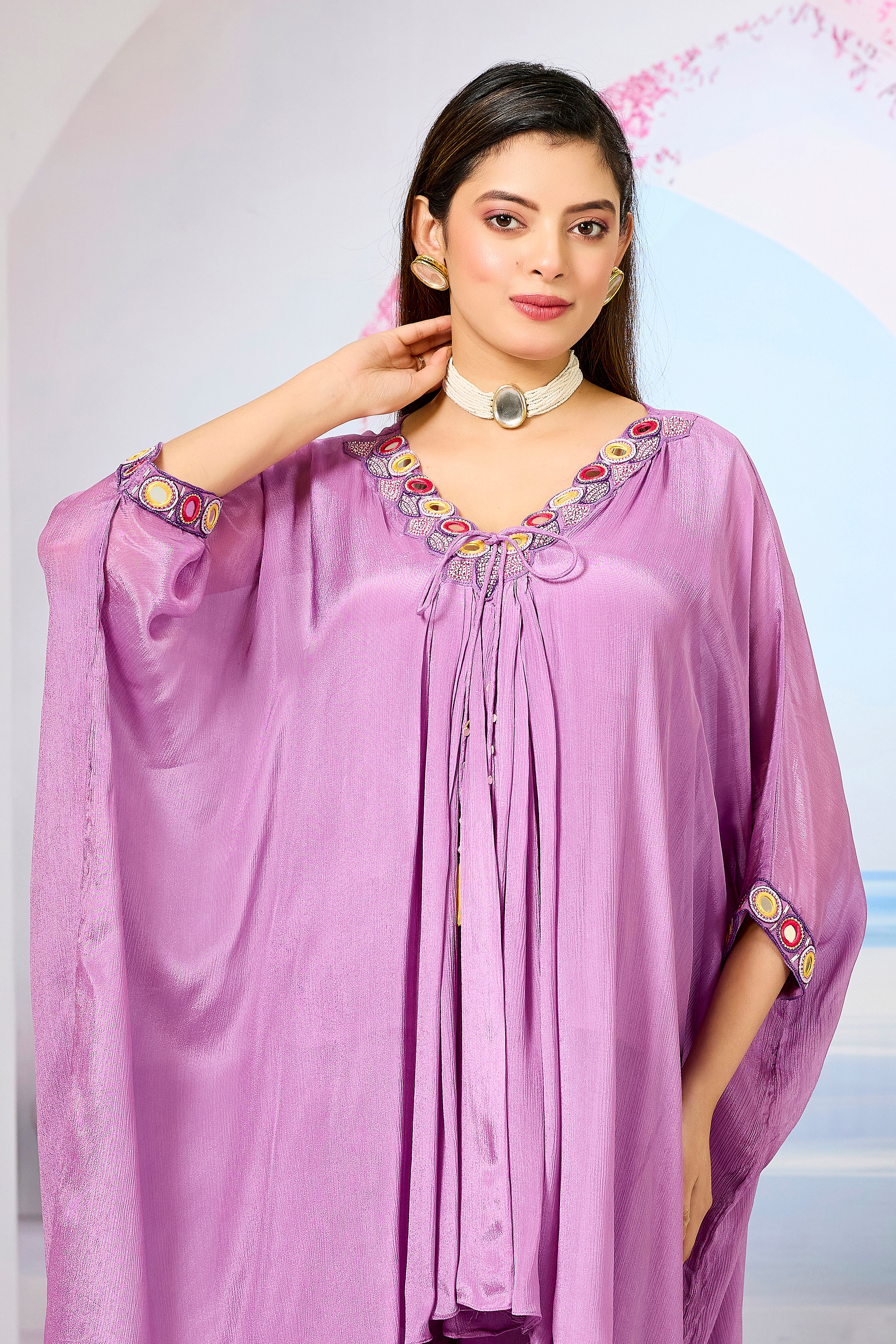 Lavender Embellished Chinon Silk Kaftan Set