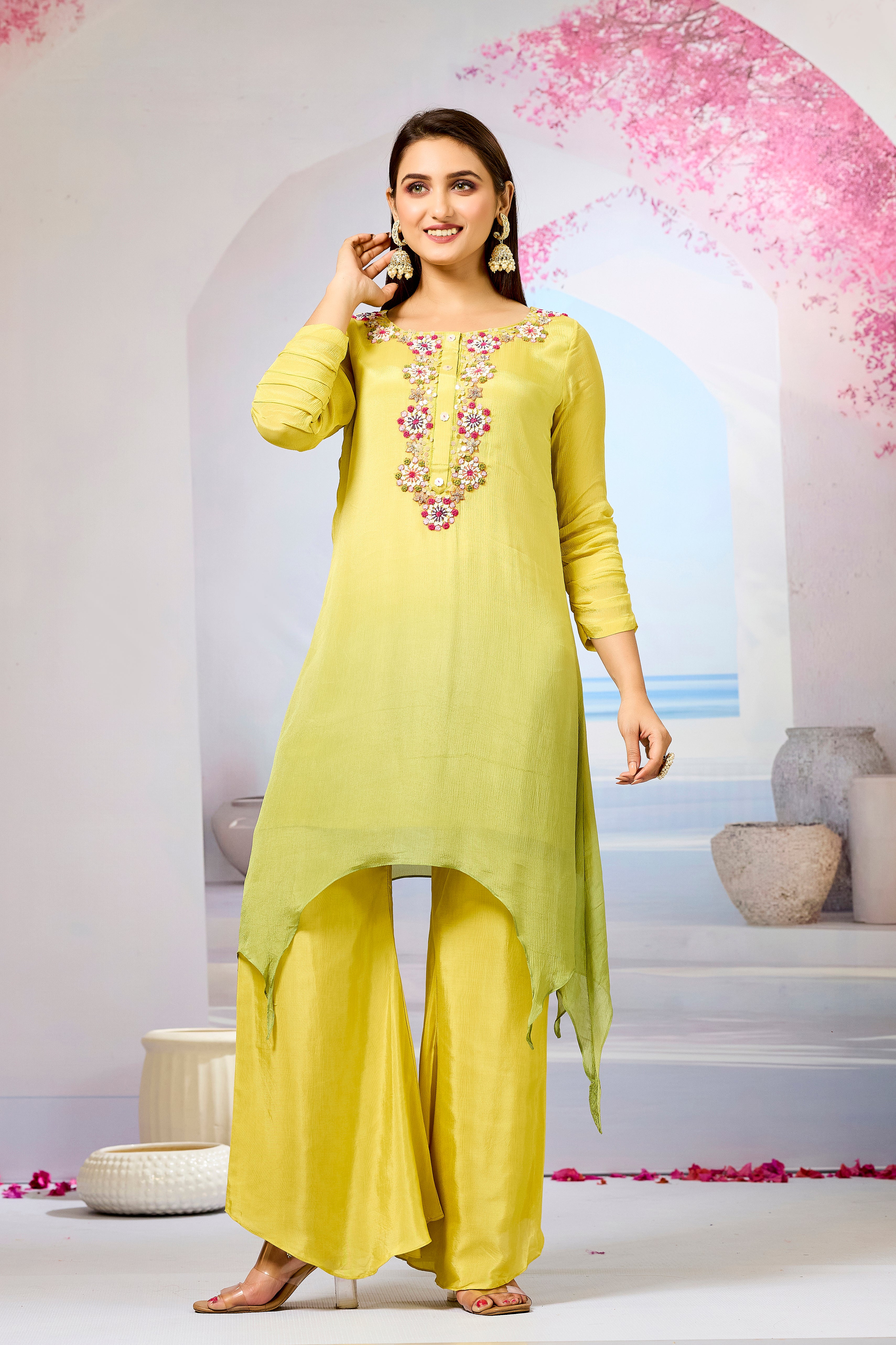 Yellow Ombre-Dyed Chinon Silk Palazzo Set