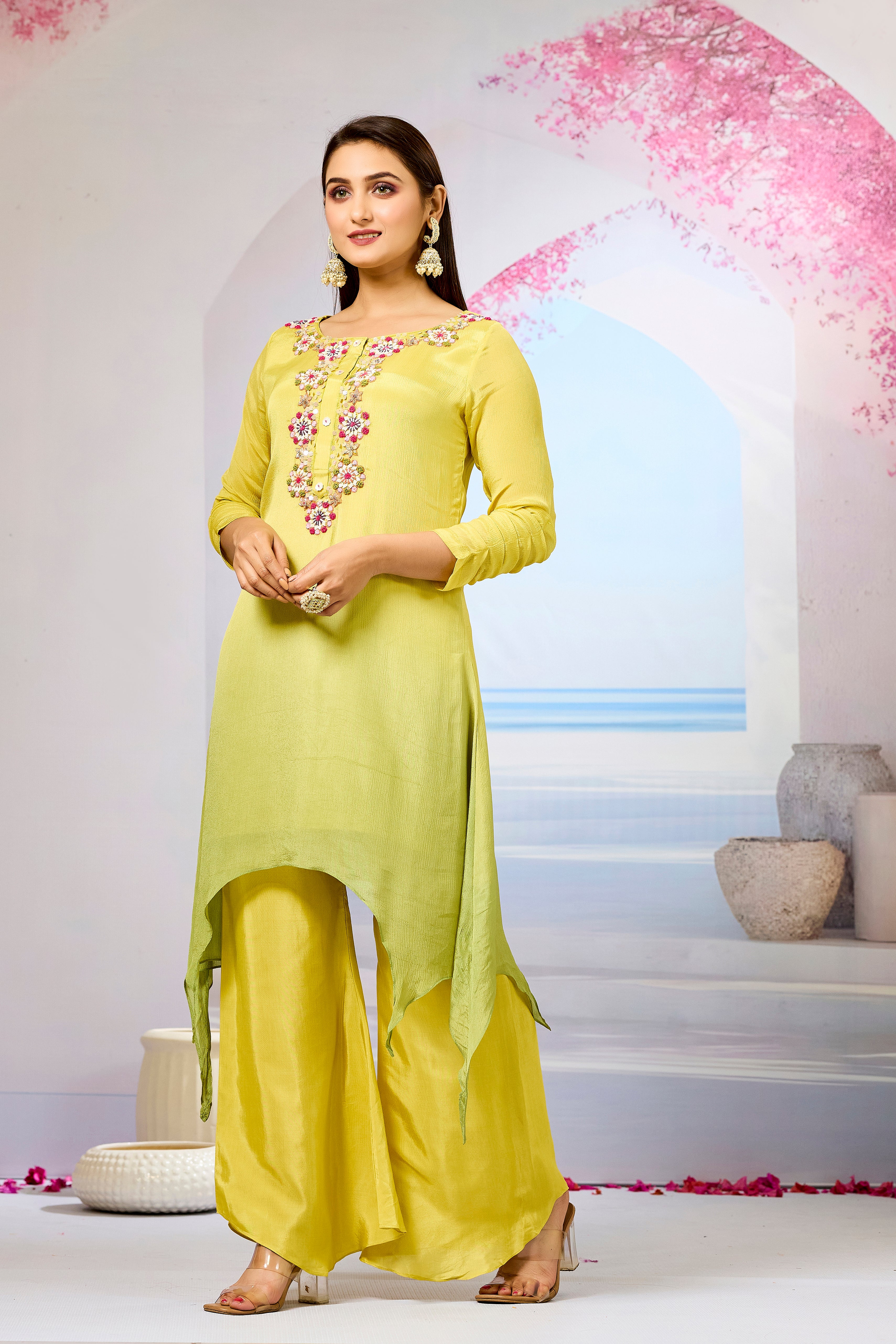 Yellow Ombre-Dyed Chinon Silk Palazzo Set