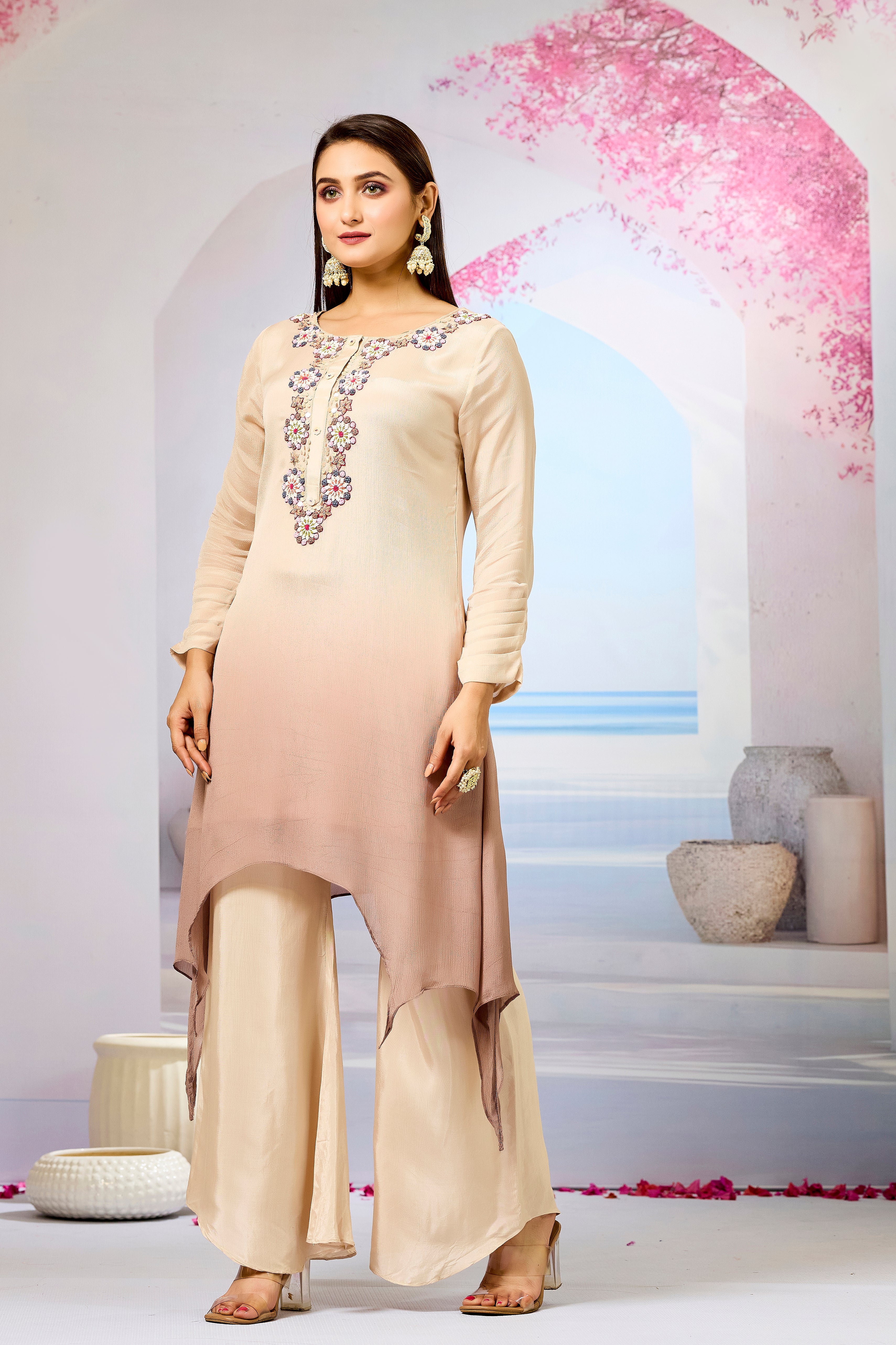 Beige Ombre-Dyed Chinon Silk Palazzo Set