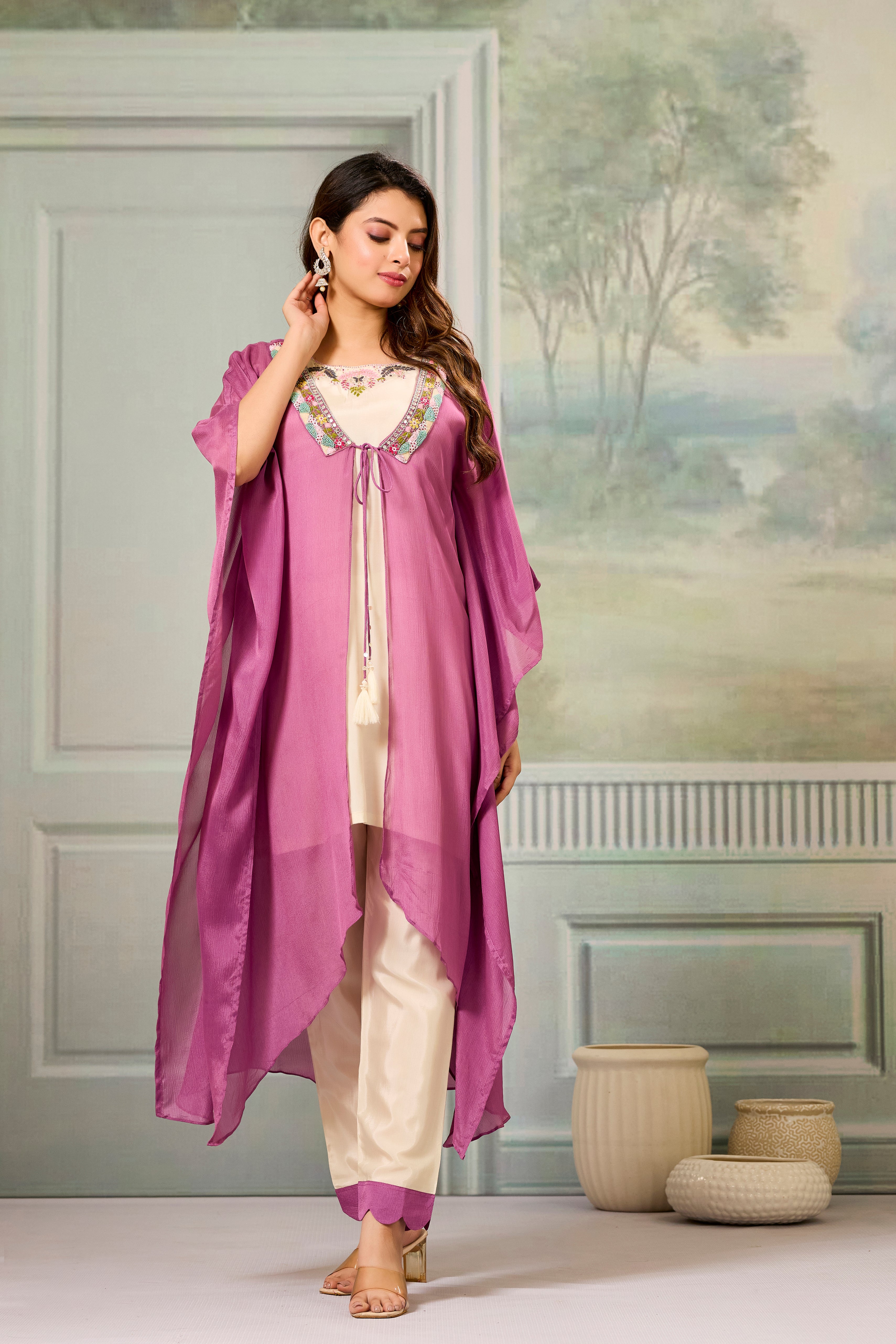 Beige Pink Embellished Chinon Silk Cape Set