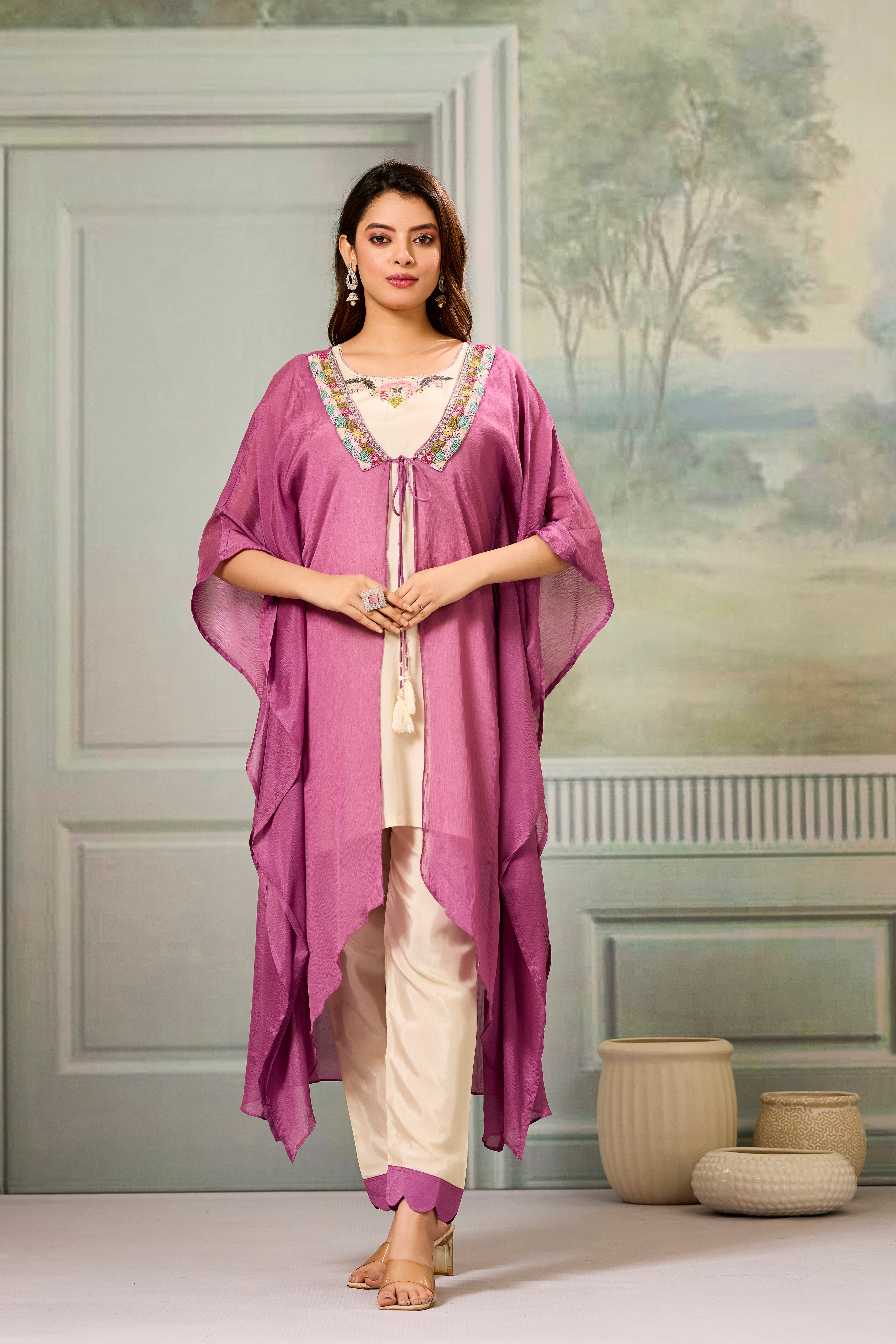 Beige Pink Embellished Chinon Silk Cape Set