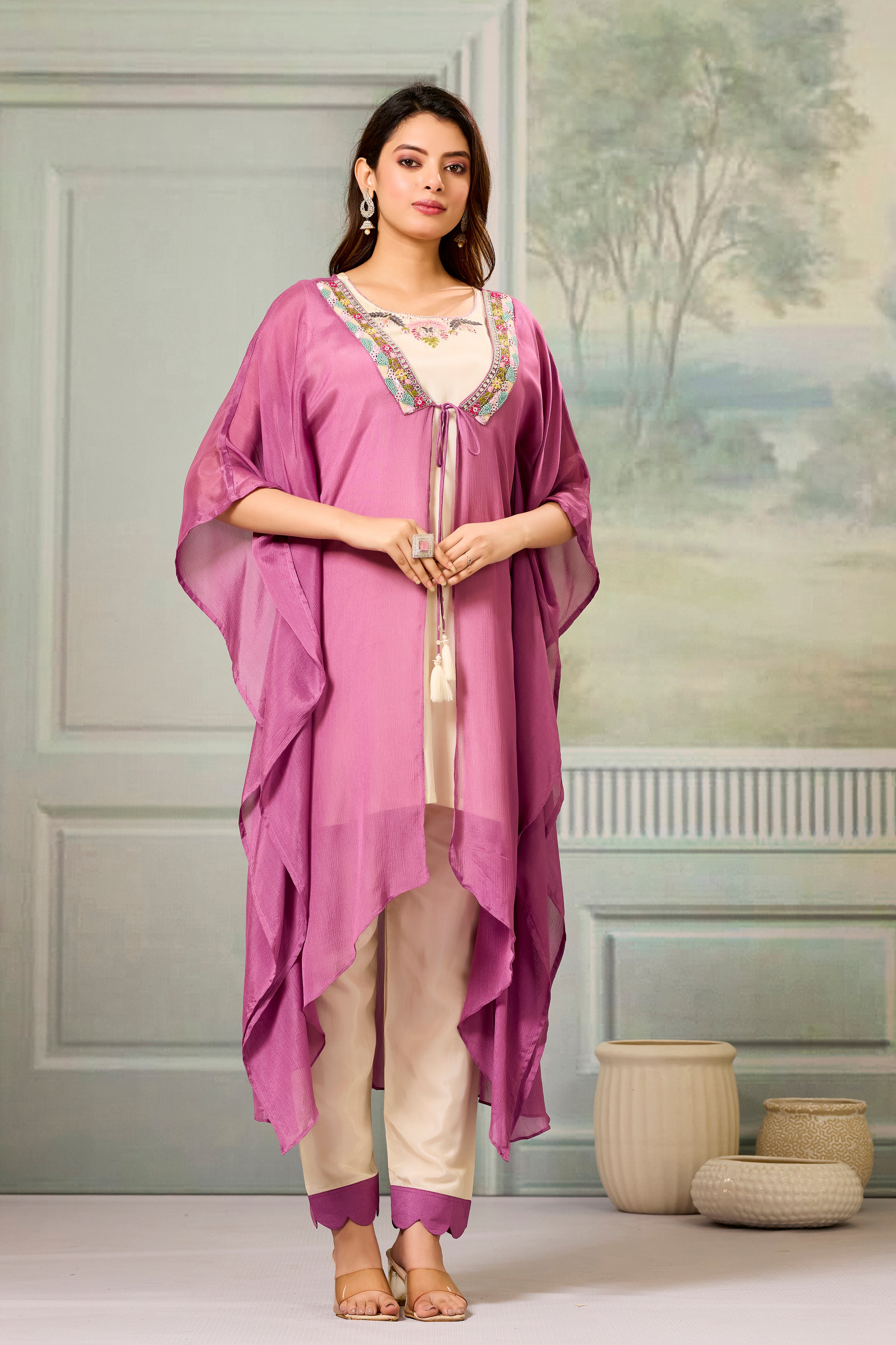 Beige Pink Embellished Chinon Silk Cape Set