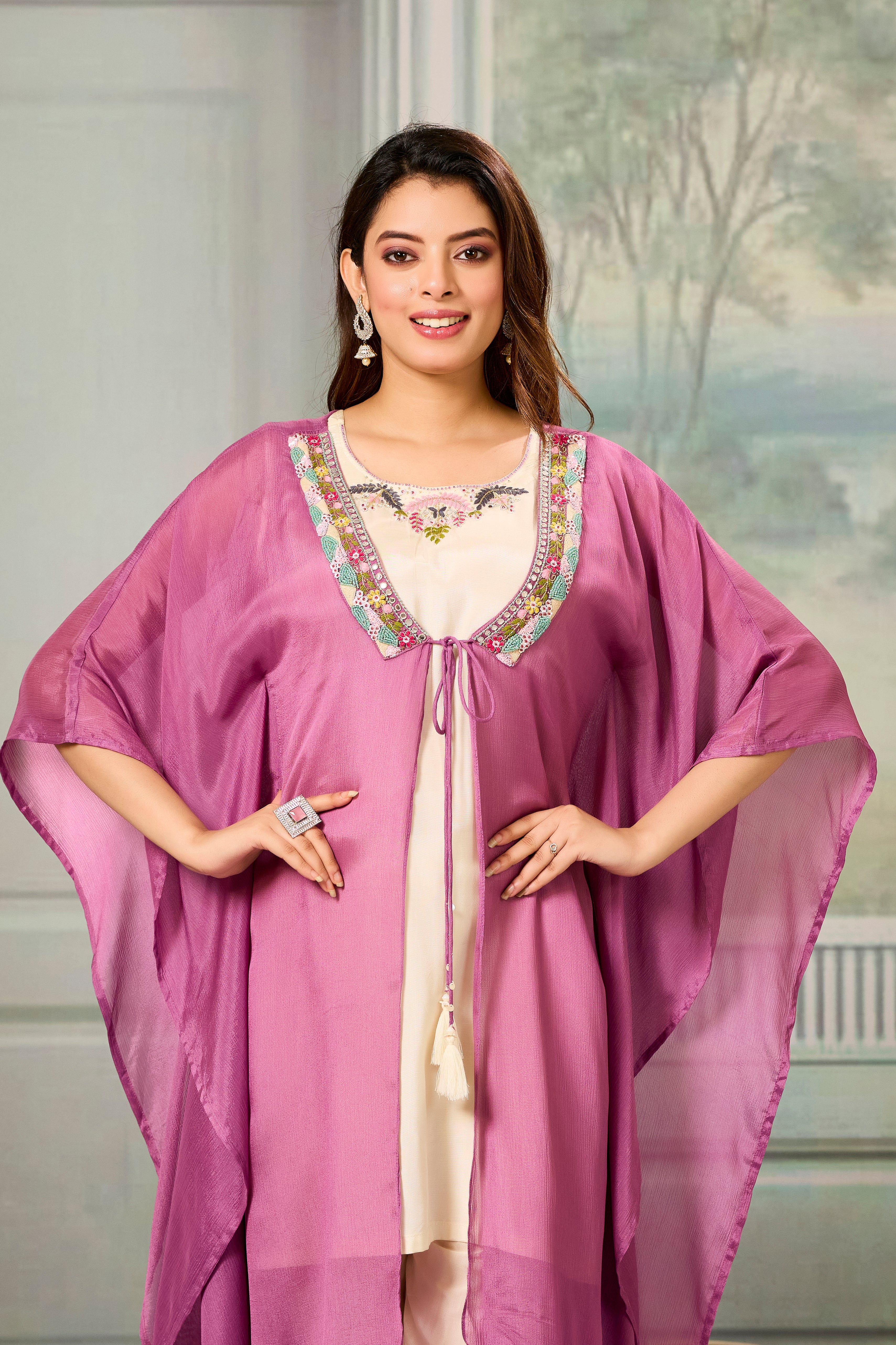 Beige Pink Embellished Chinon Silk Cape Set