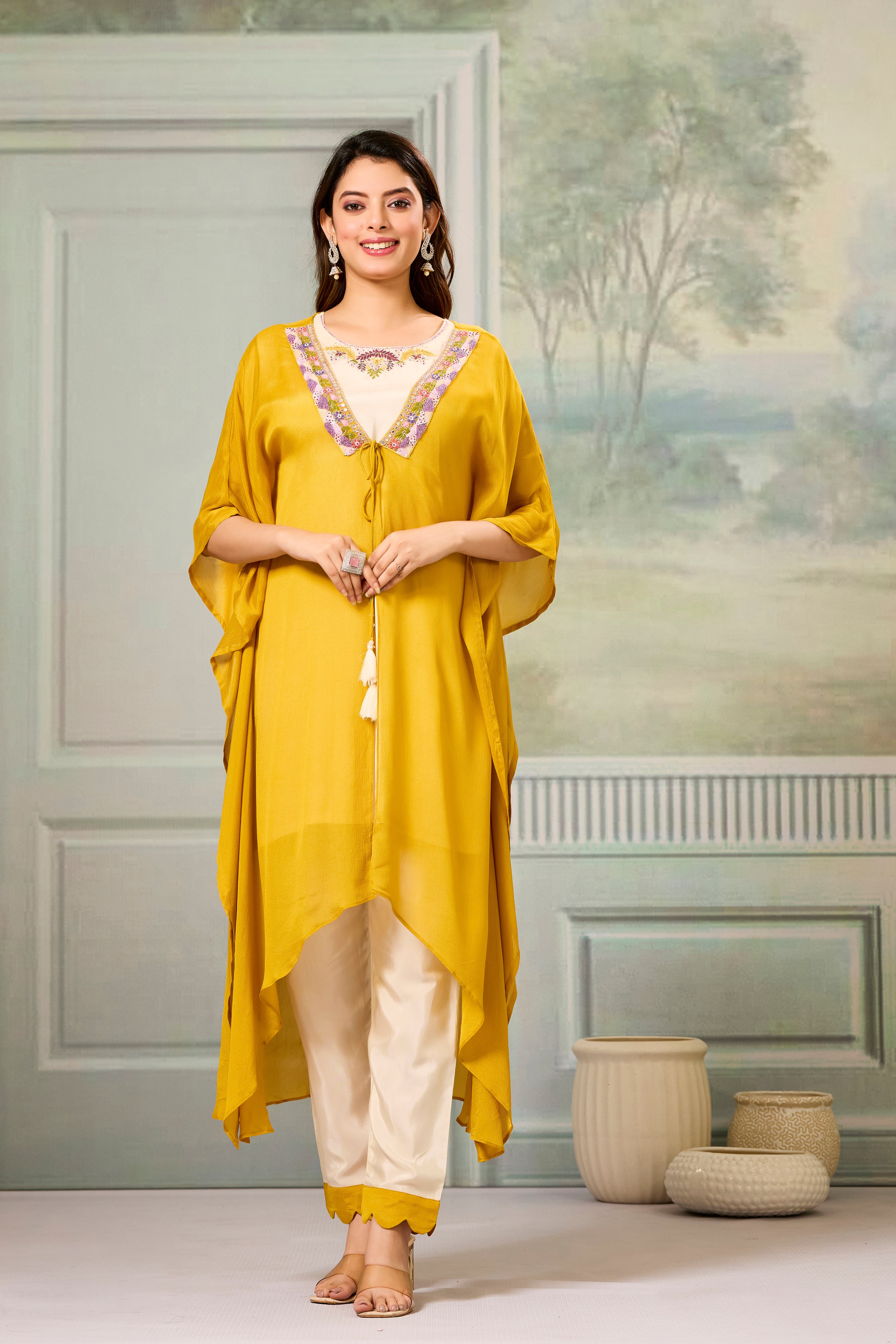 Beige Mustard Embellished Chinon Silk Cape Set