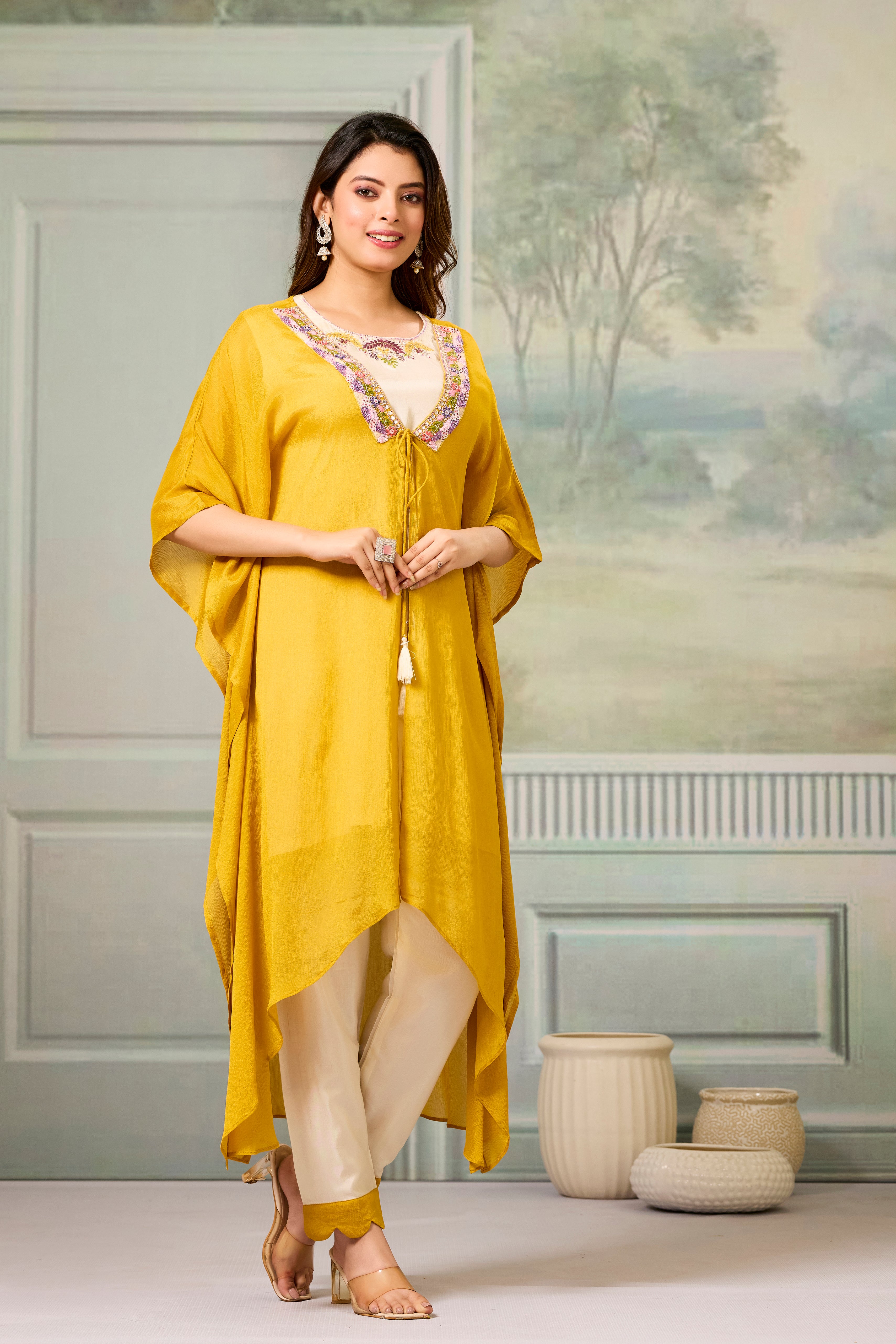 Beige Mustard Embellished Chinon Silk Cape Set