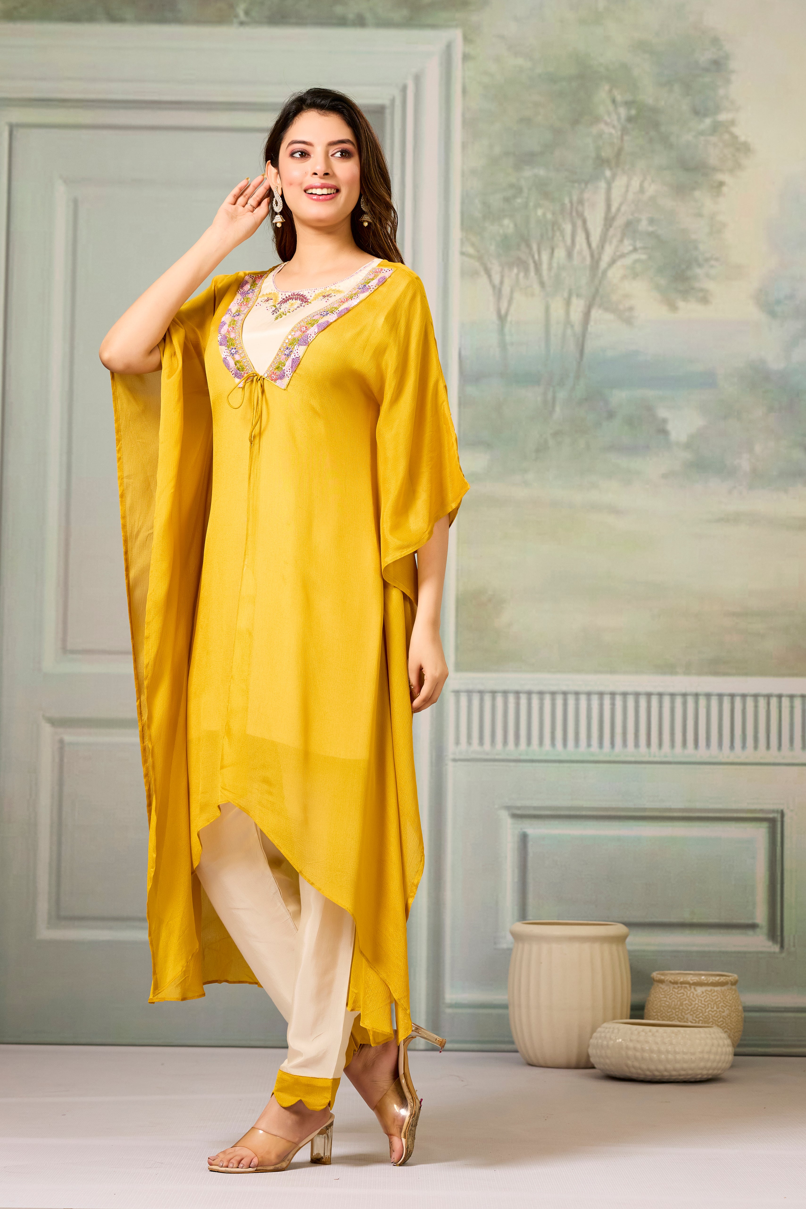 Beige Mustard Embellished Chinon Silk Cape Set