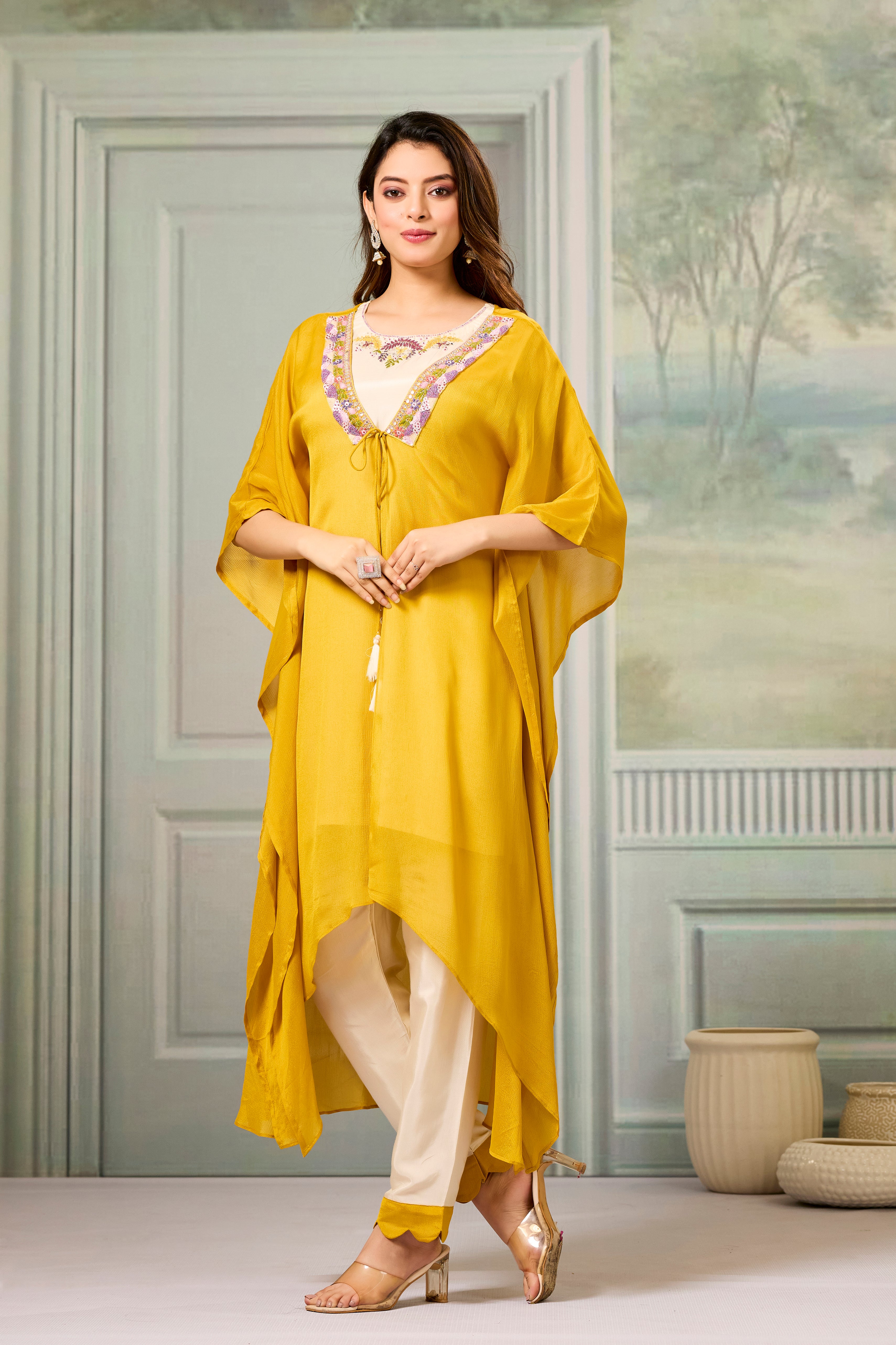 Beige Mustard Embellished Chinon Silk Cape Set