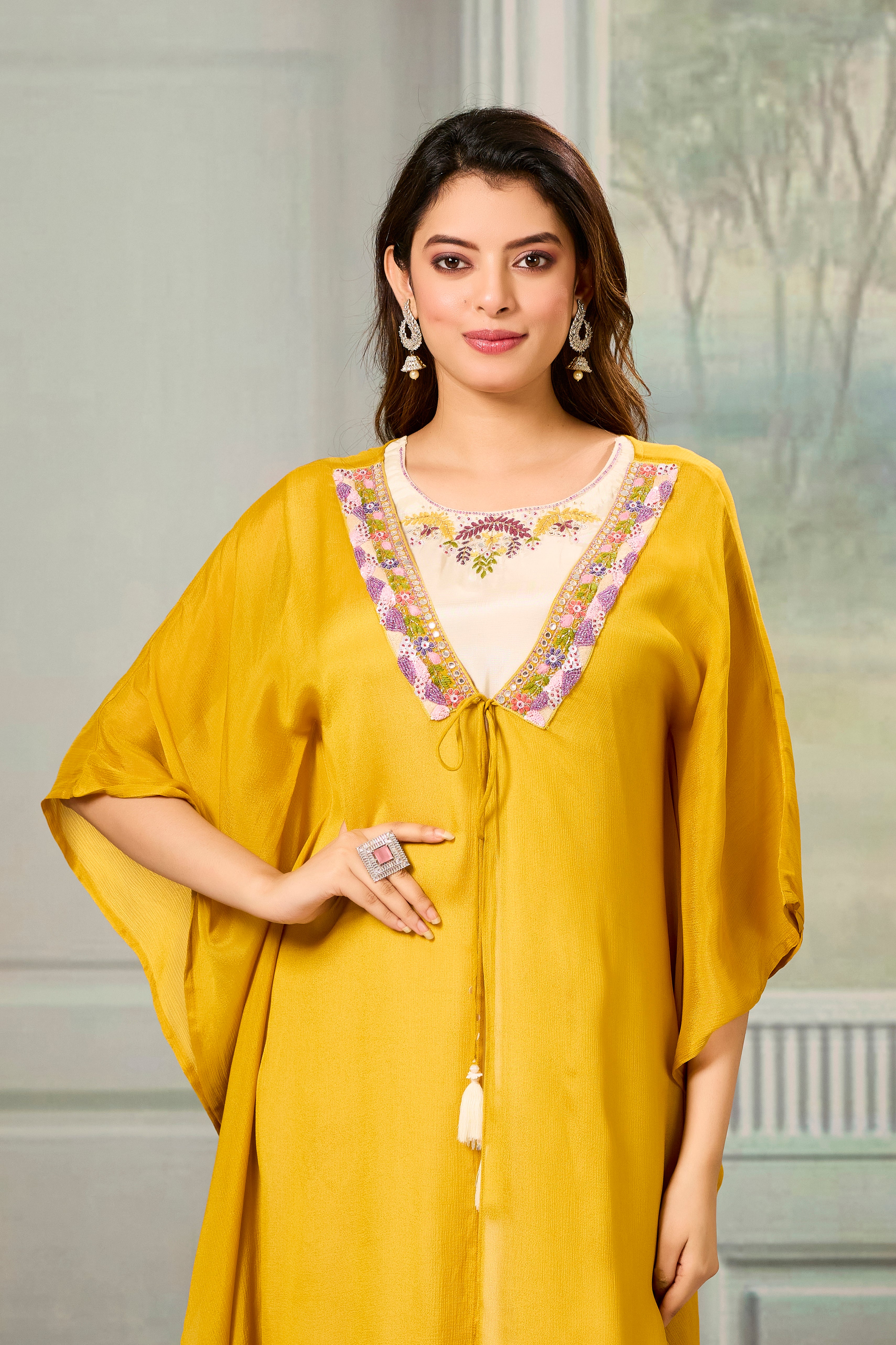 Beige Mustard Embellished Chinon Silk Cape Set