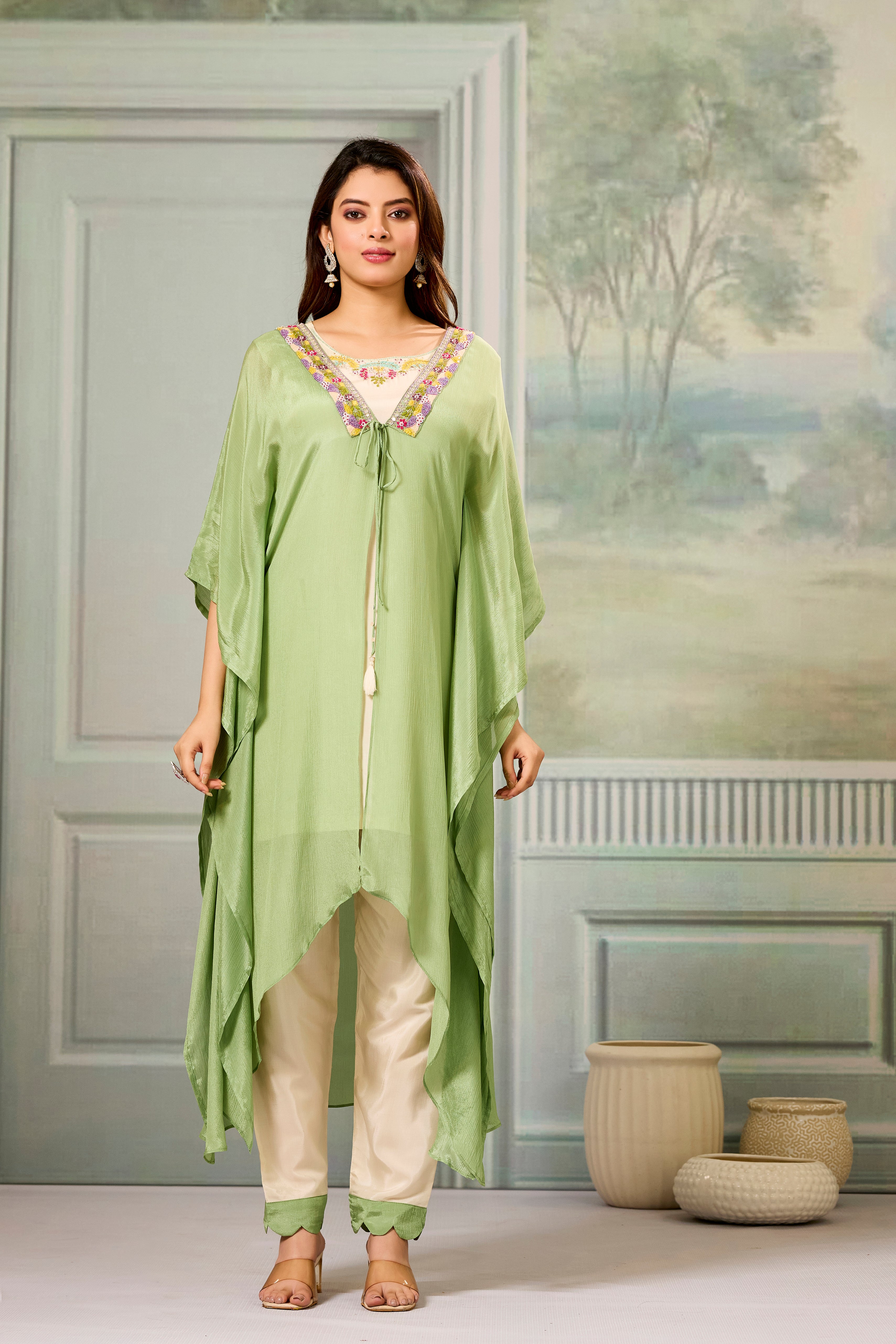 Beige Green Embellished Chinon Silk Cape Set