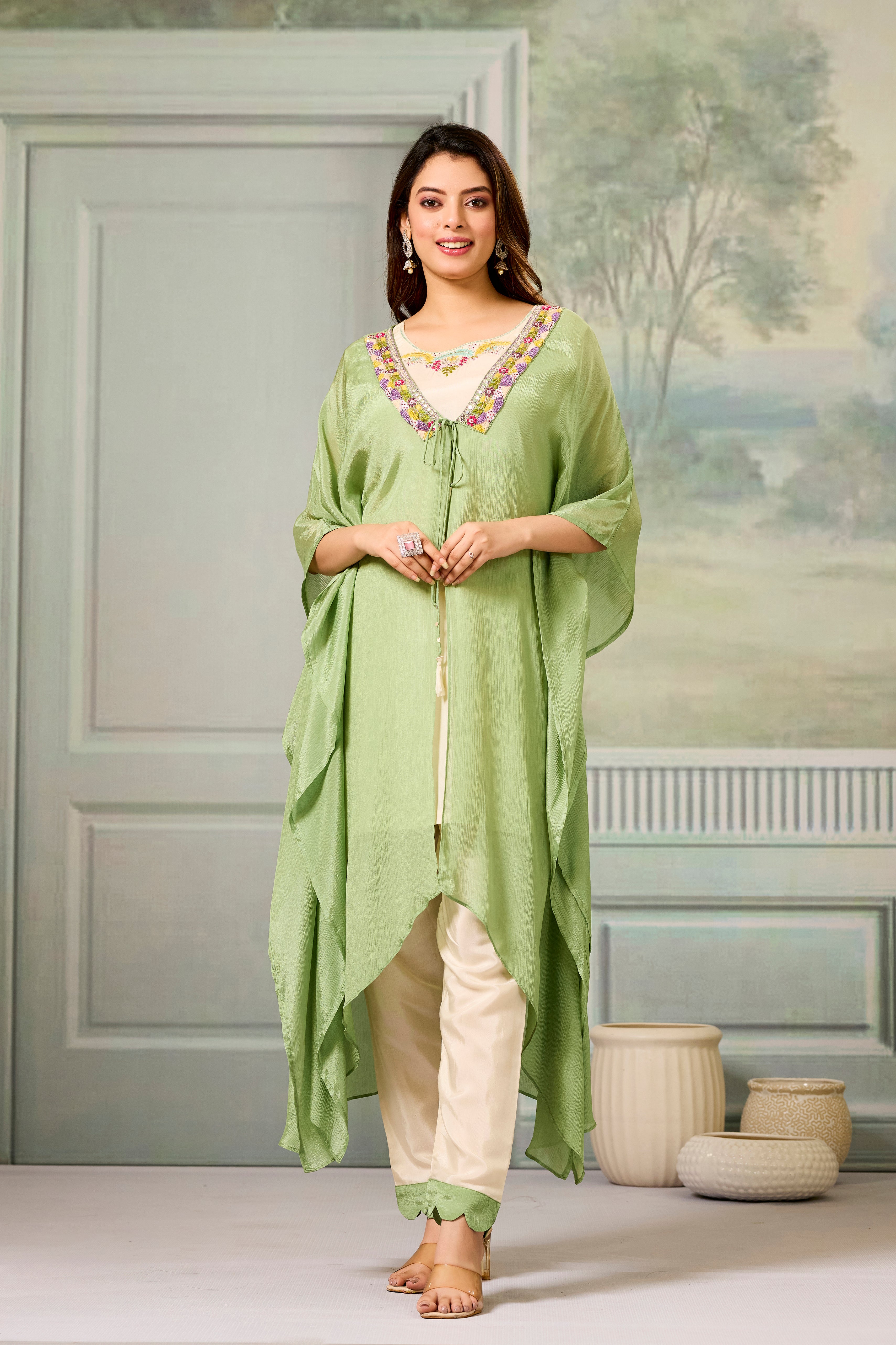 Beige Green Embellished Chinon Silk Cape Set