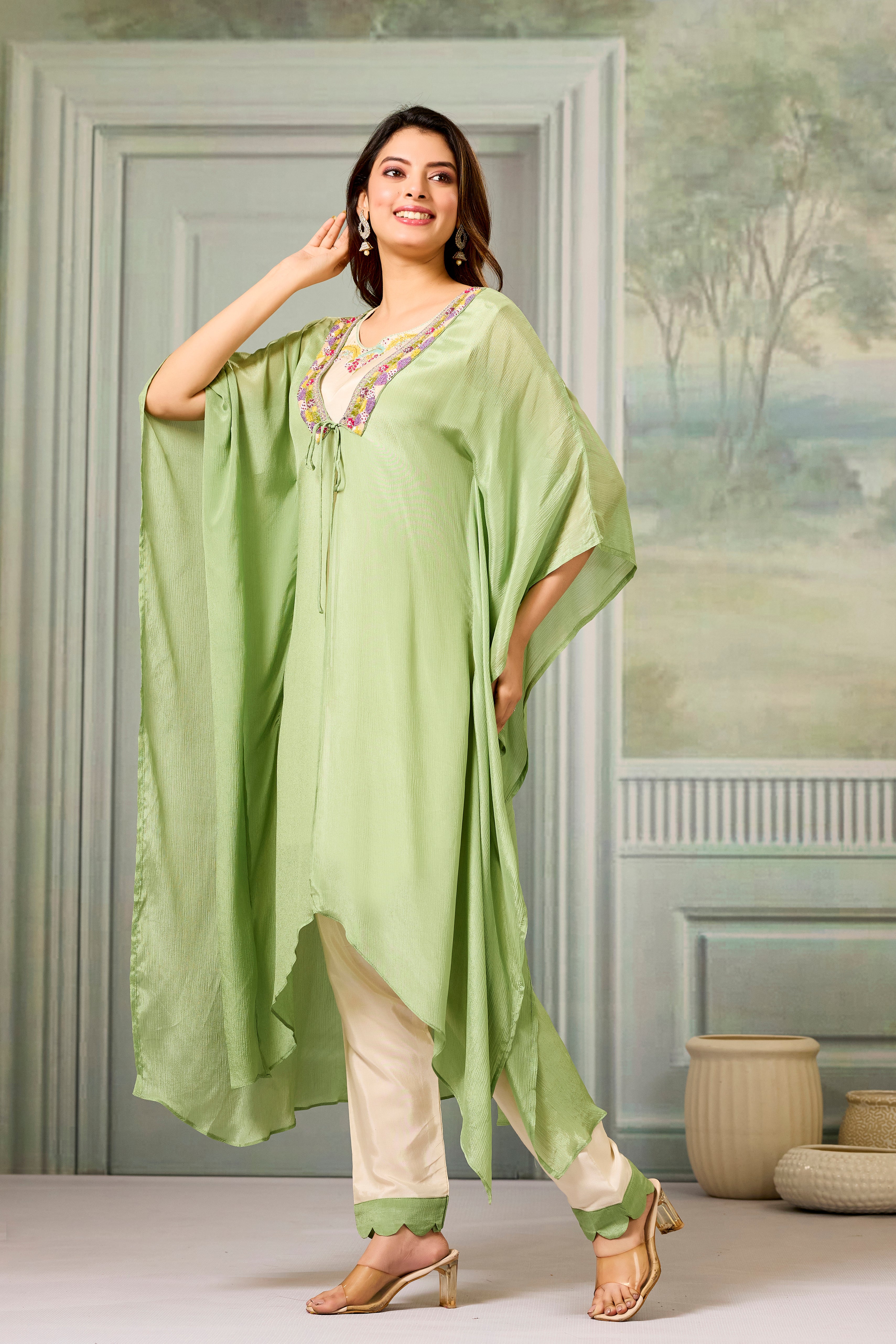 Beige Green Embellished Chinon Silk Cape Set