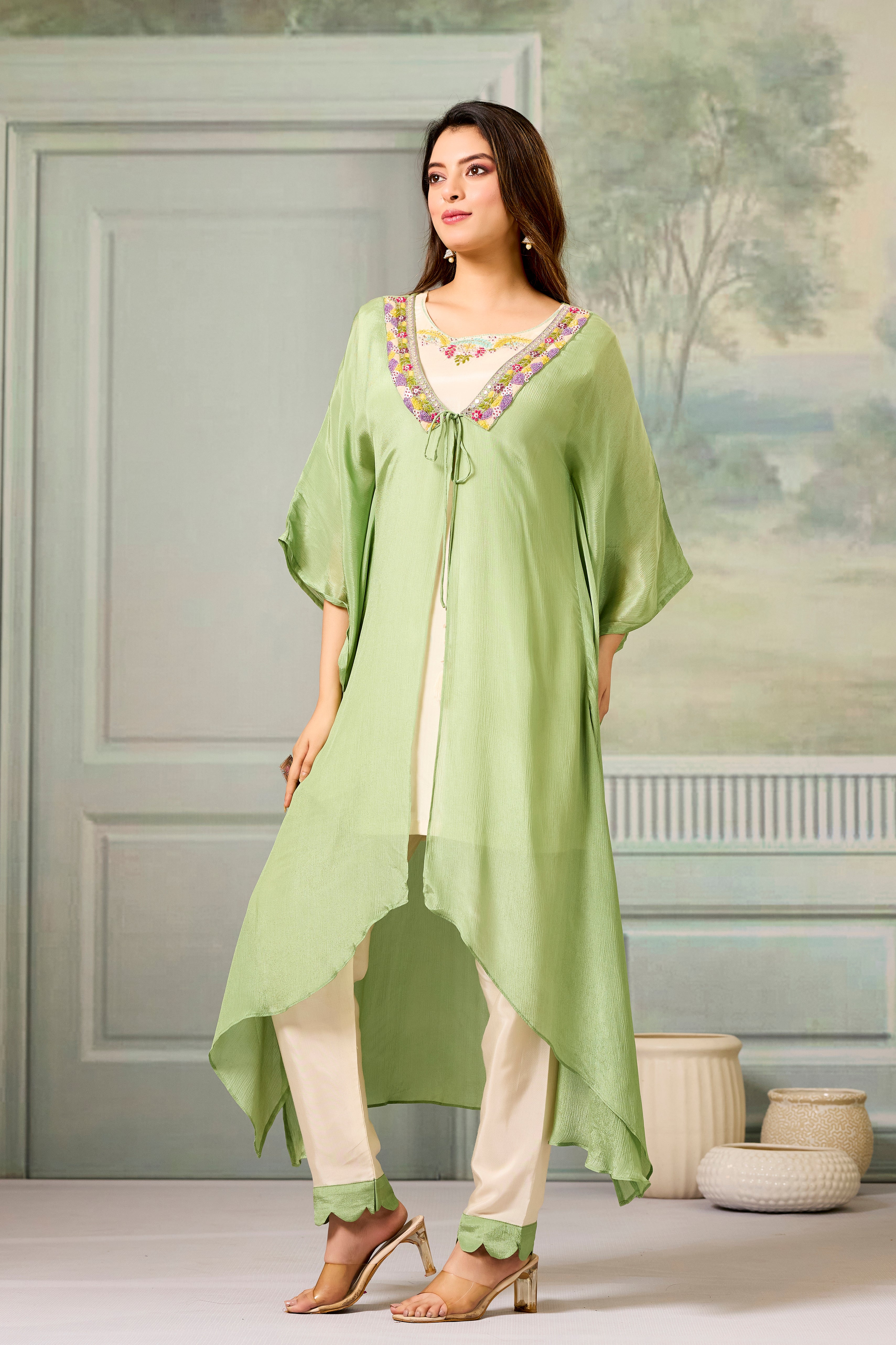 Beige Green Embellished Chinon Silk Cape Set