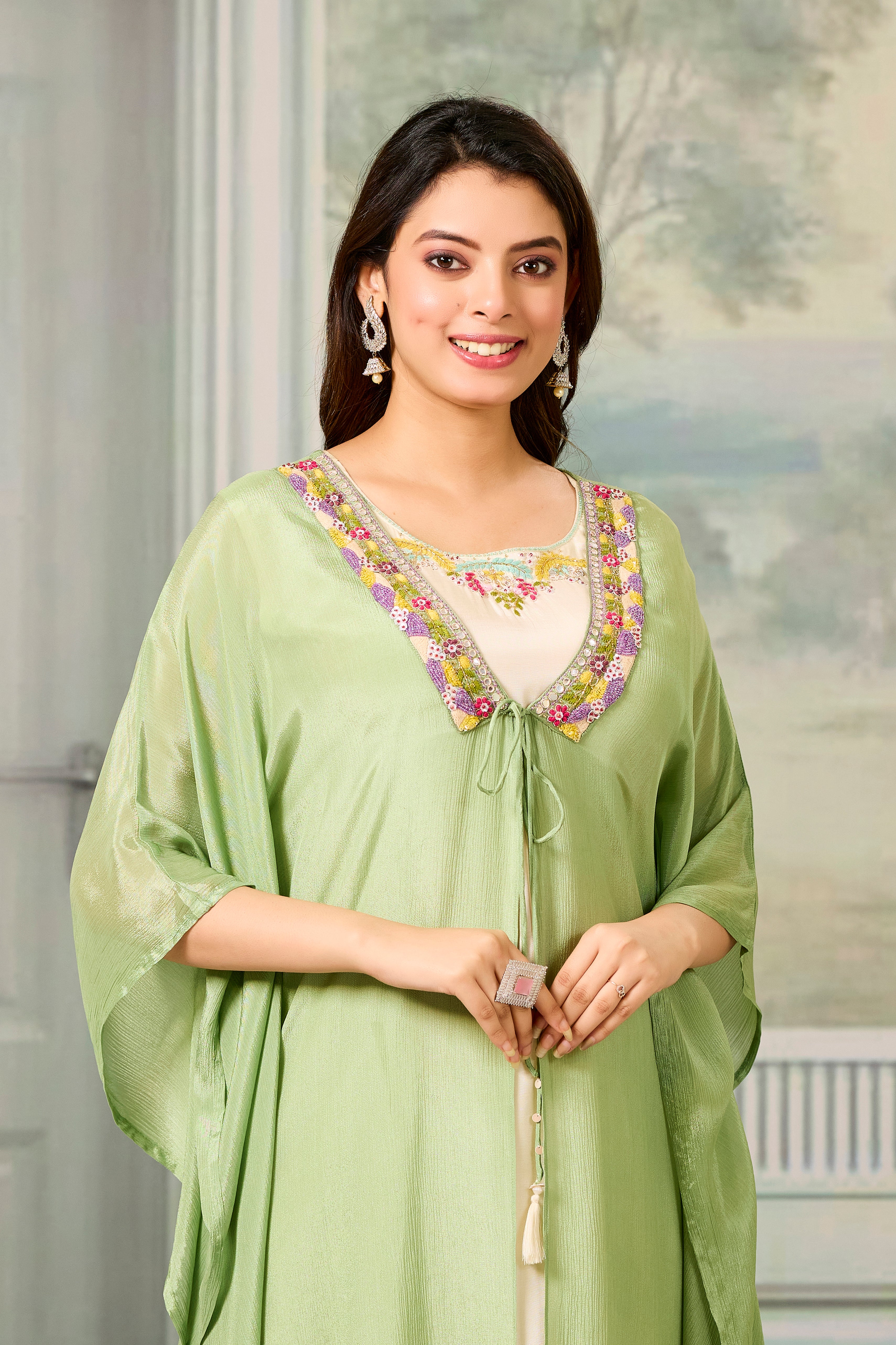 Beige Green Embellished Chinon Silk Cape Set