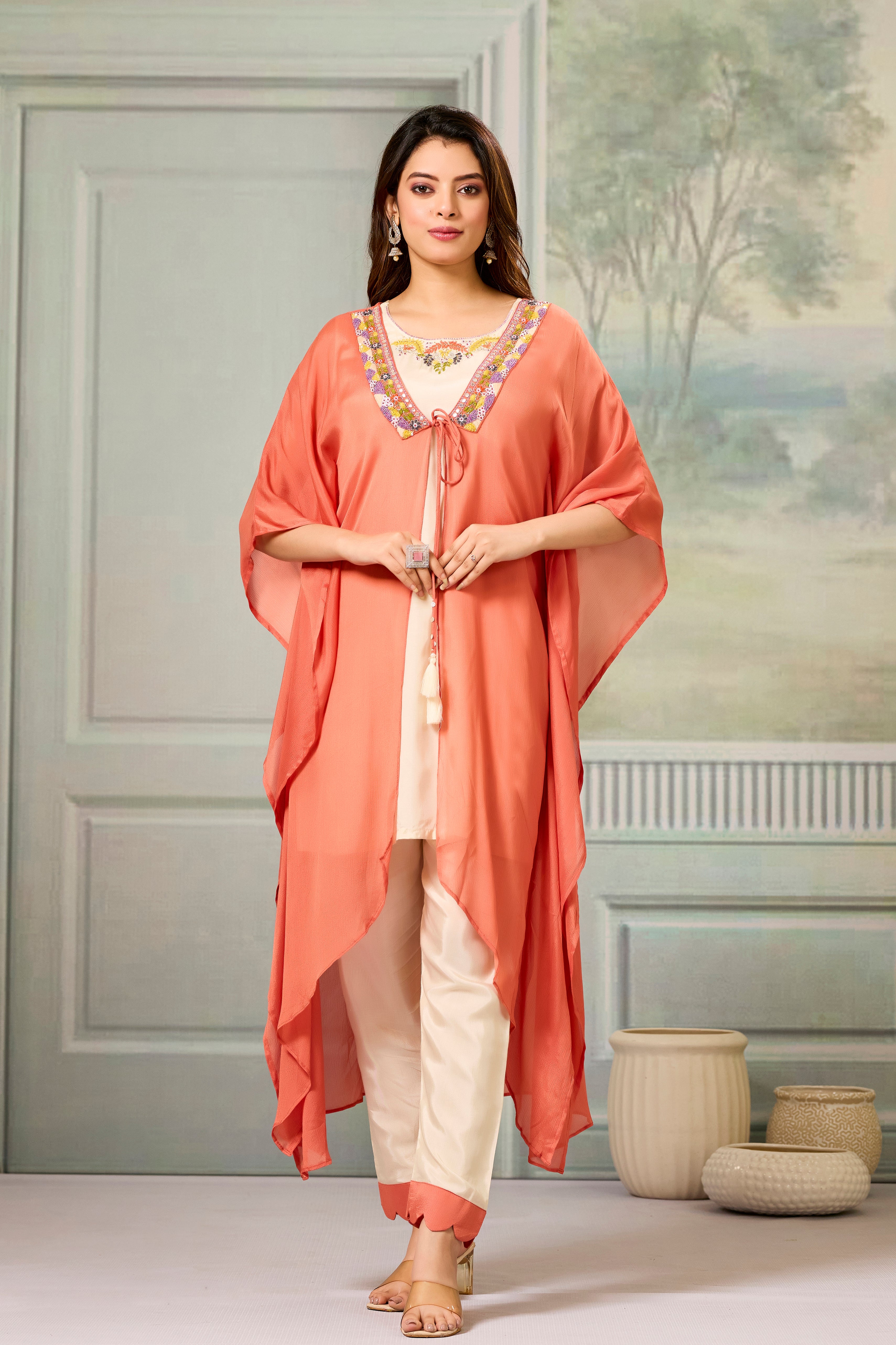 Beige Red Embellished Chinon Silk Cape Set
