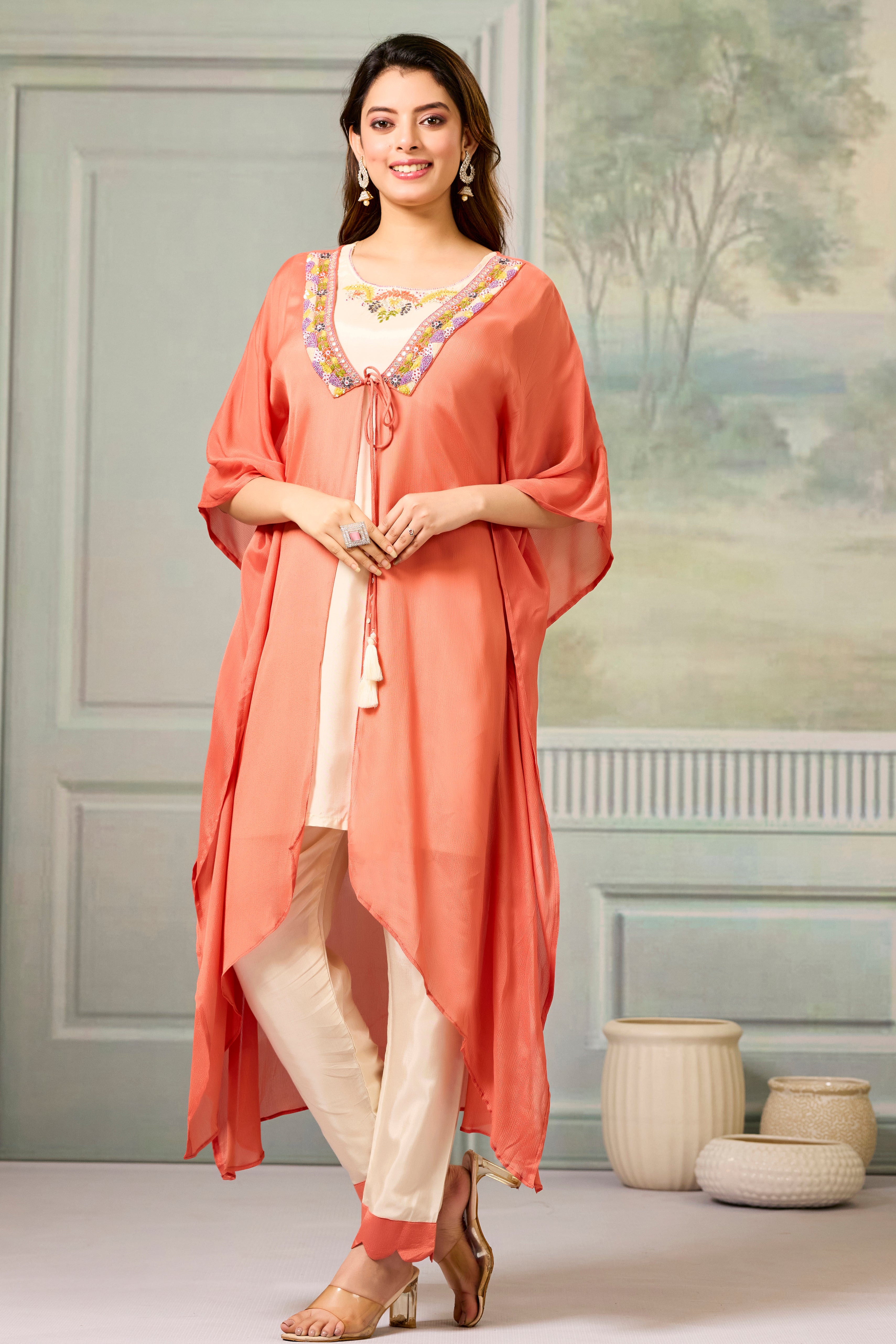 Beige Red Embellished Chinon Silk Cape Set