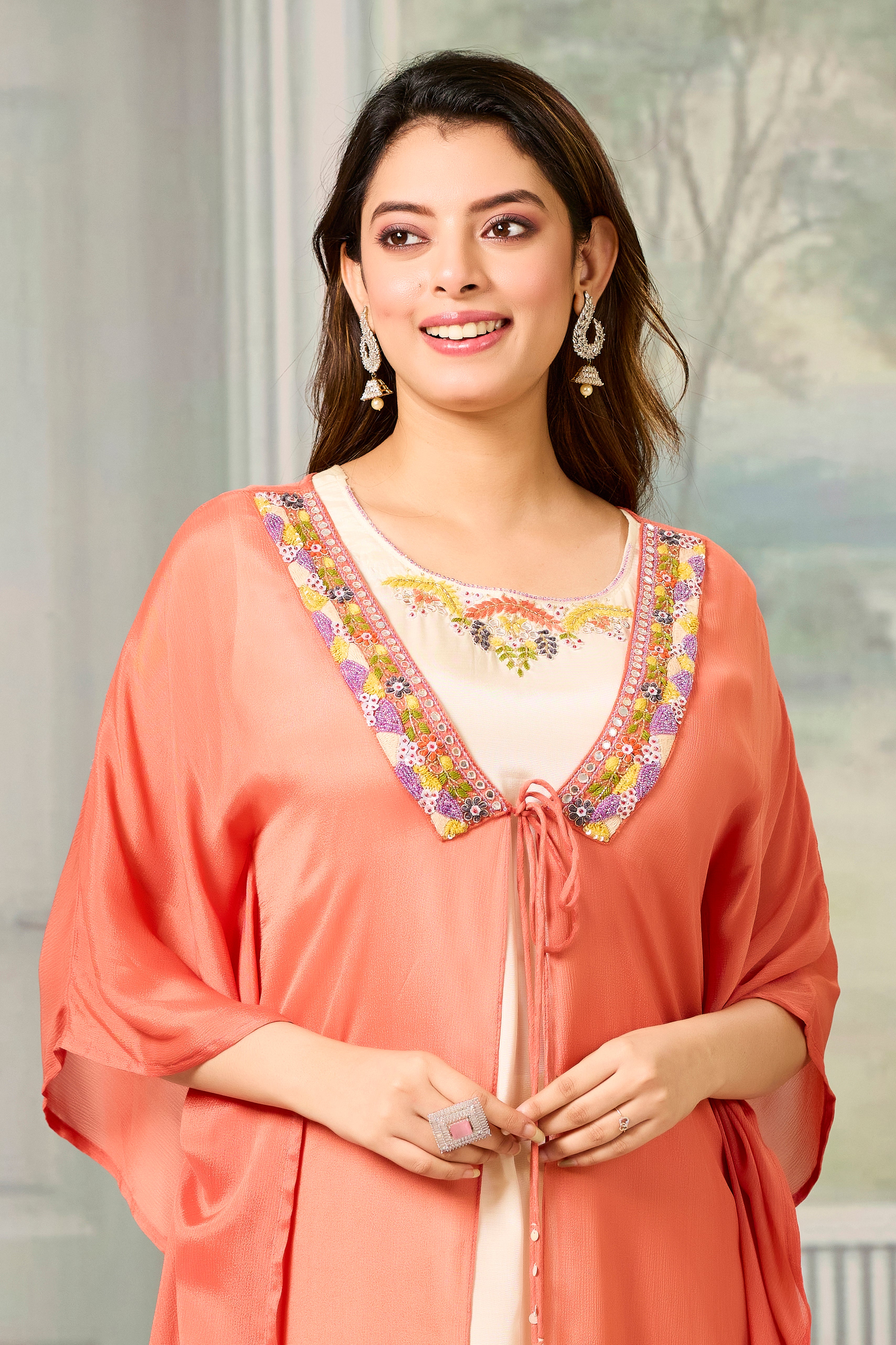 Beige Red Embellished Chinon Silk Cape Set