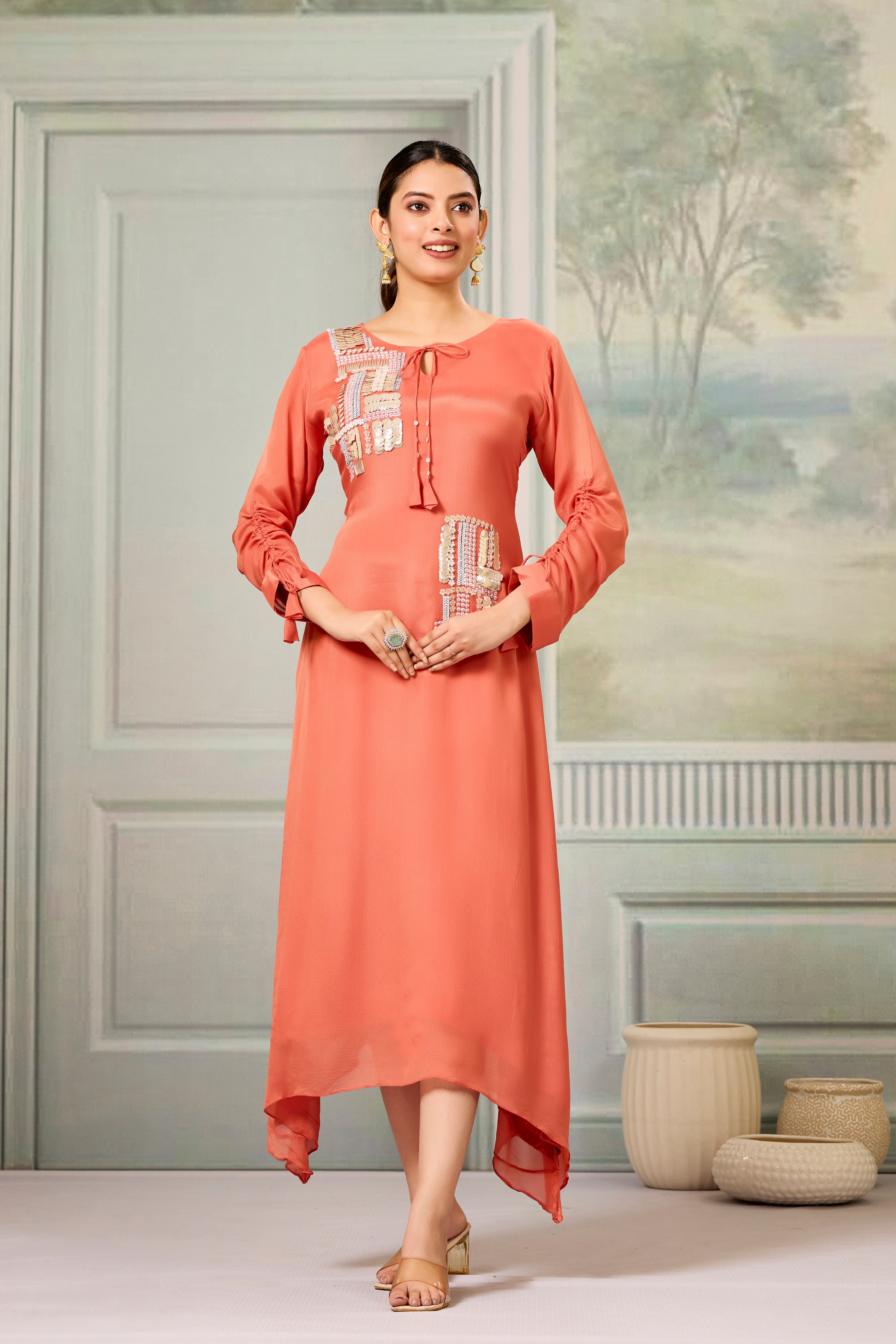 Red Handwork Chinon Silk Dress