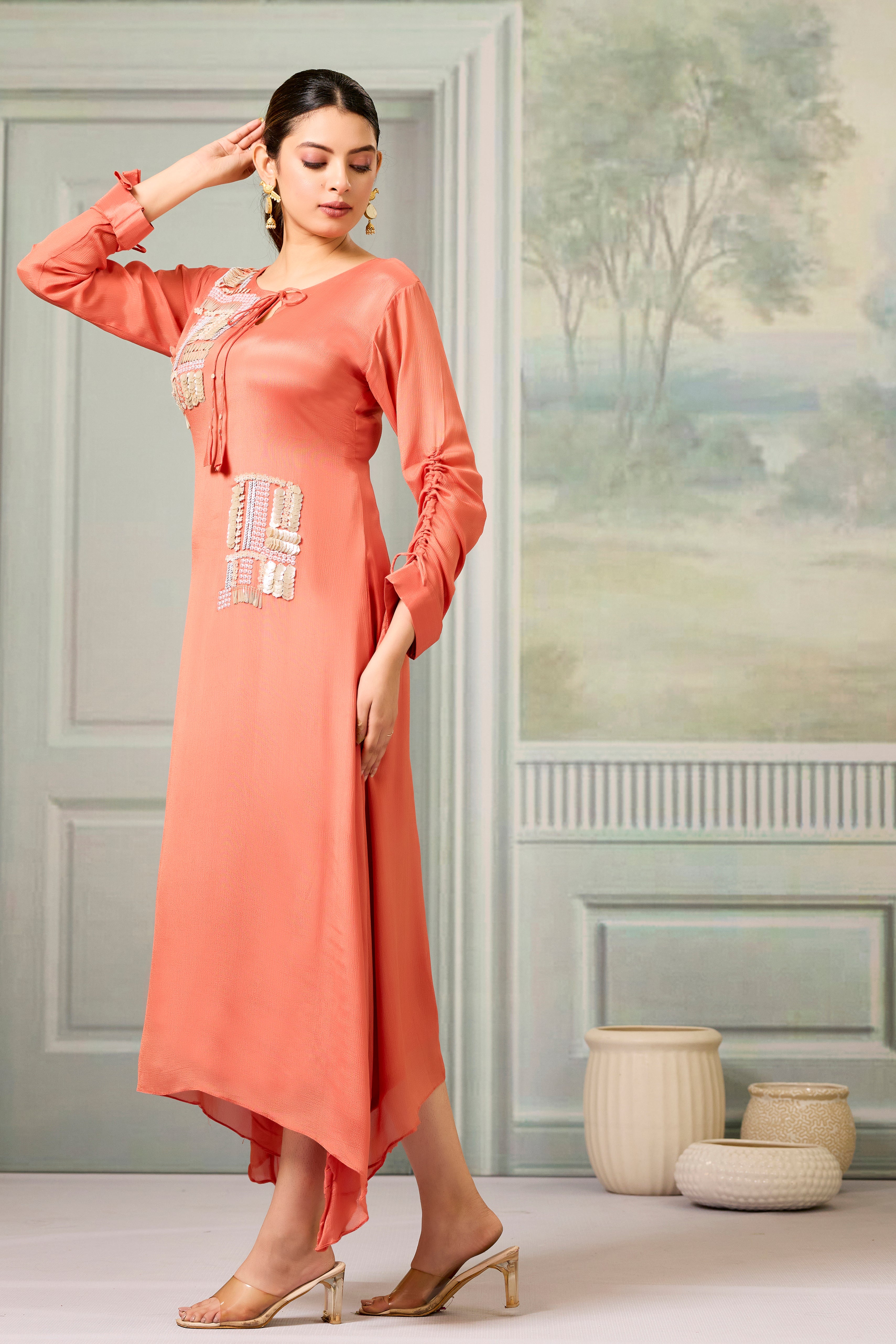 Red Handwork Chinon Silk Dress