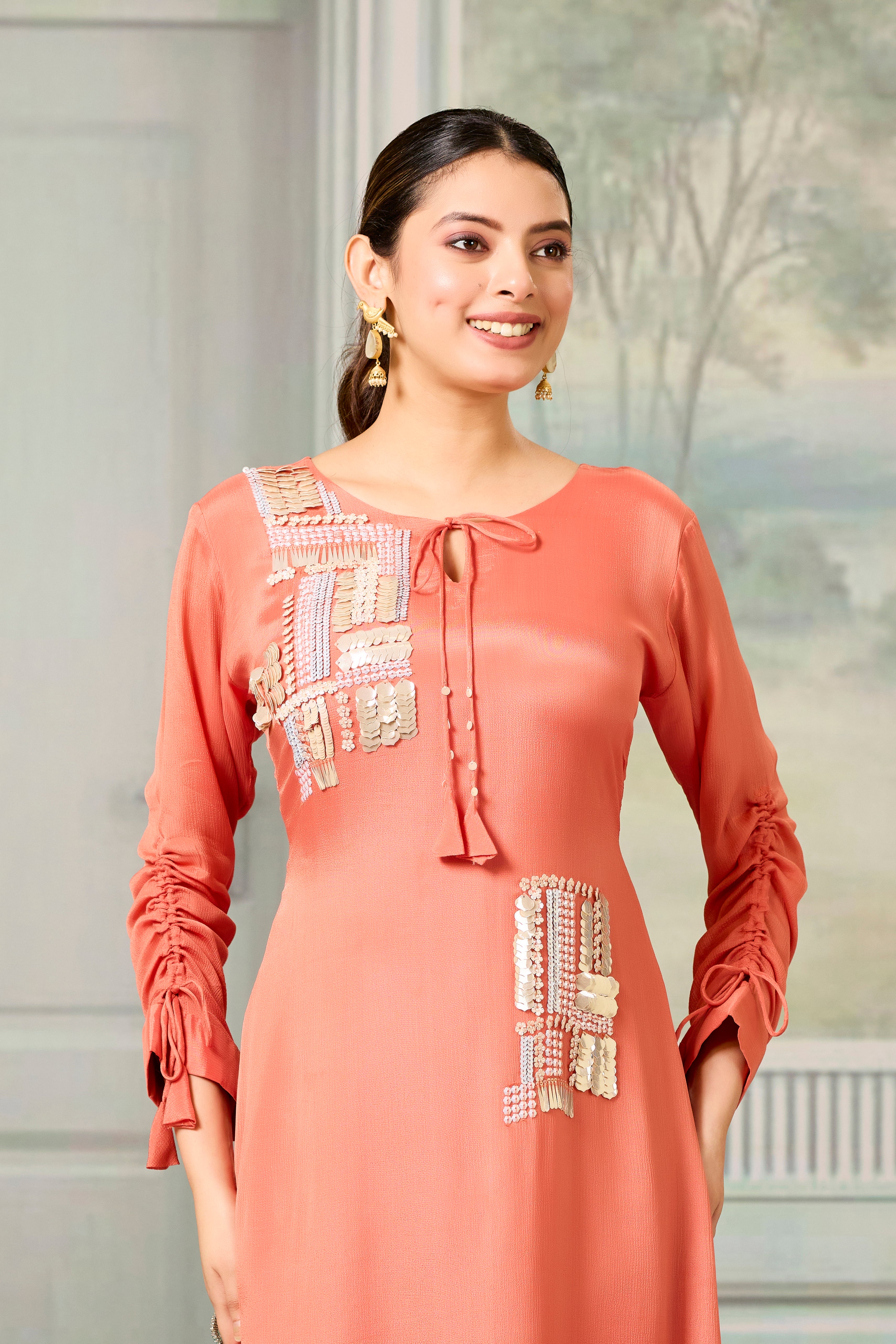 Red Handwork Chinon Silk Dress