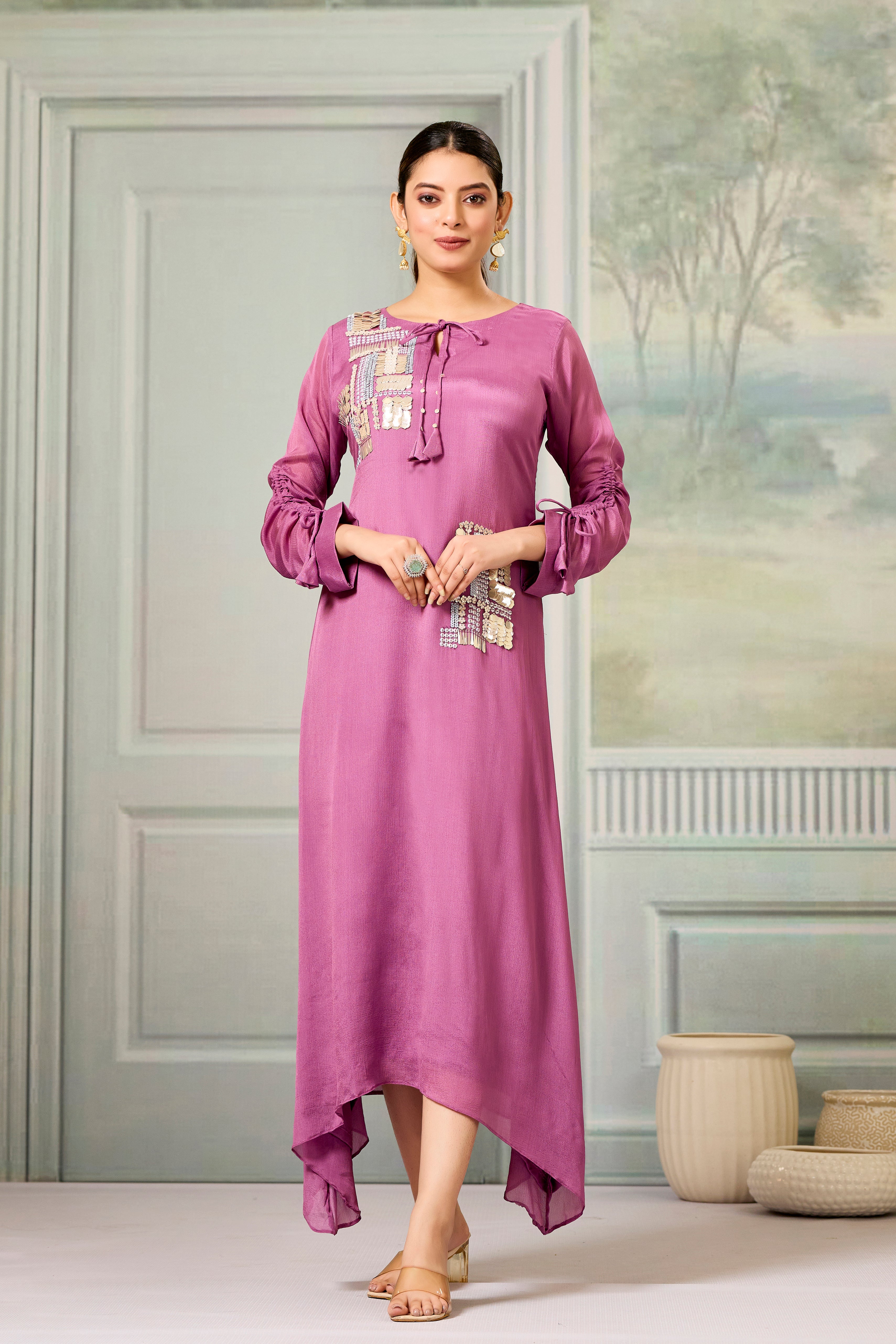 Pink Handwork Chinon Silk Dress