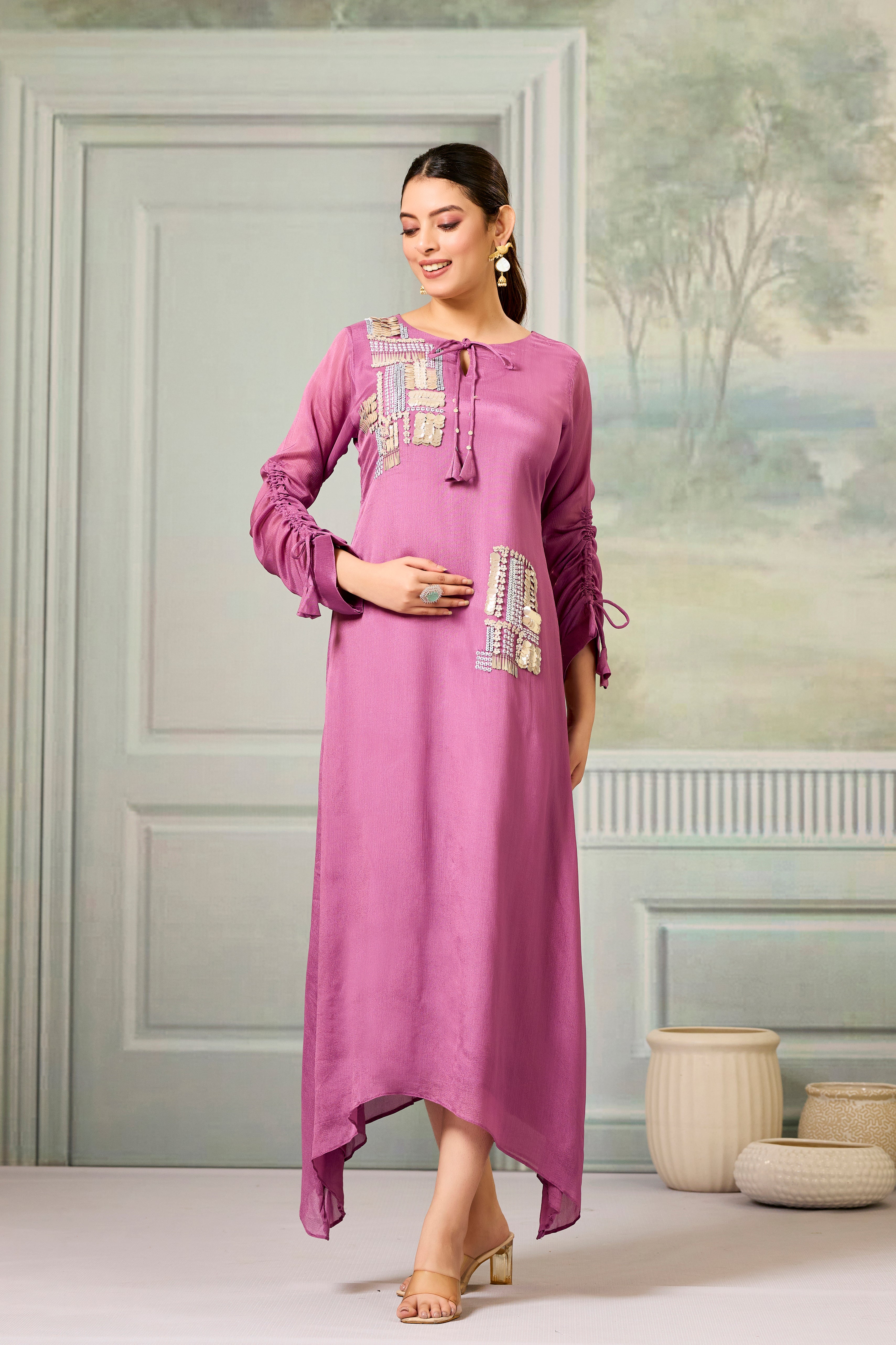 Pink Handwork Chinon Silk Dress