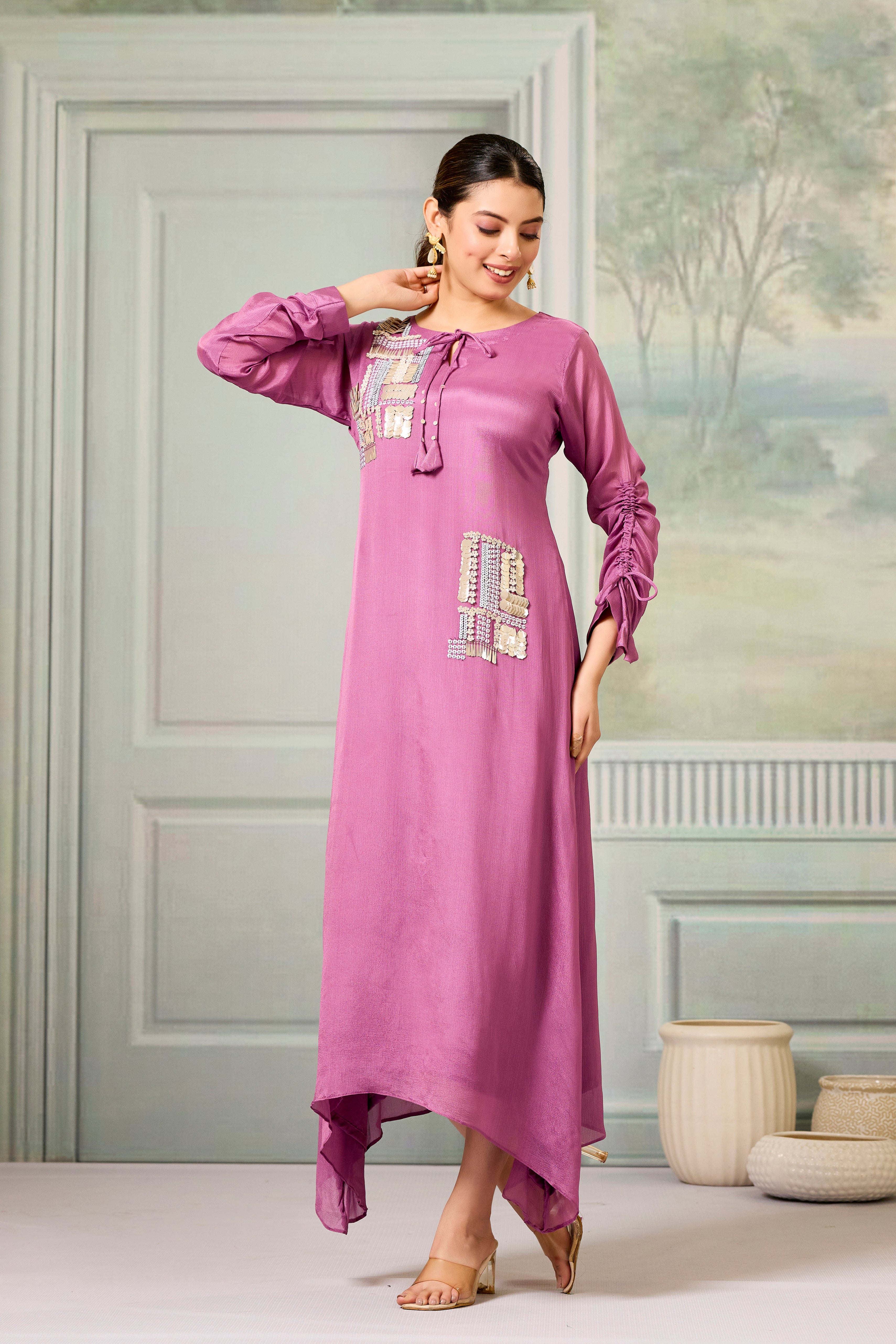 Pink Handwork Chinon Silk Dress
