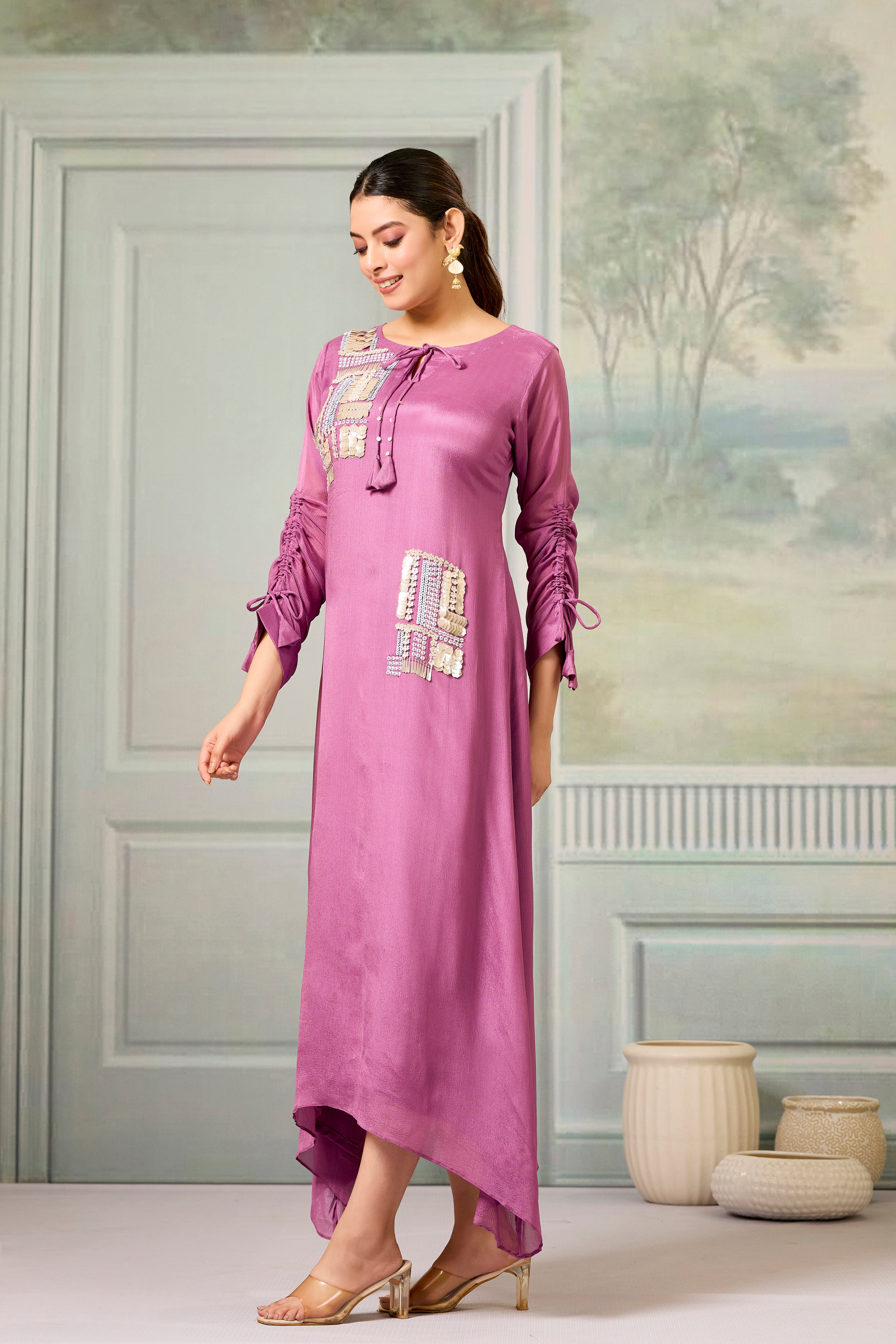 Pink Handwork Chinon Silk Dress