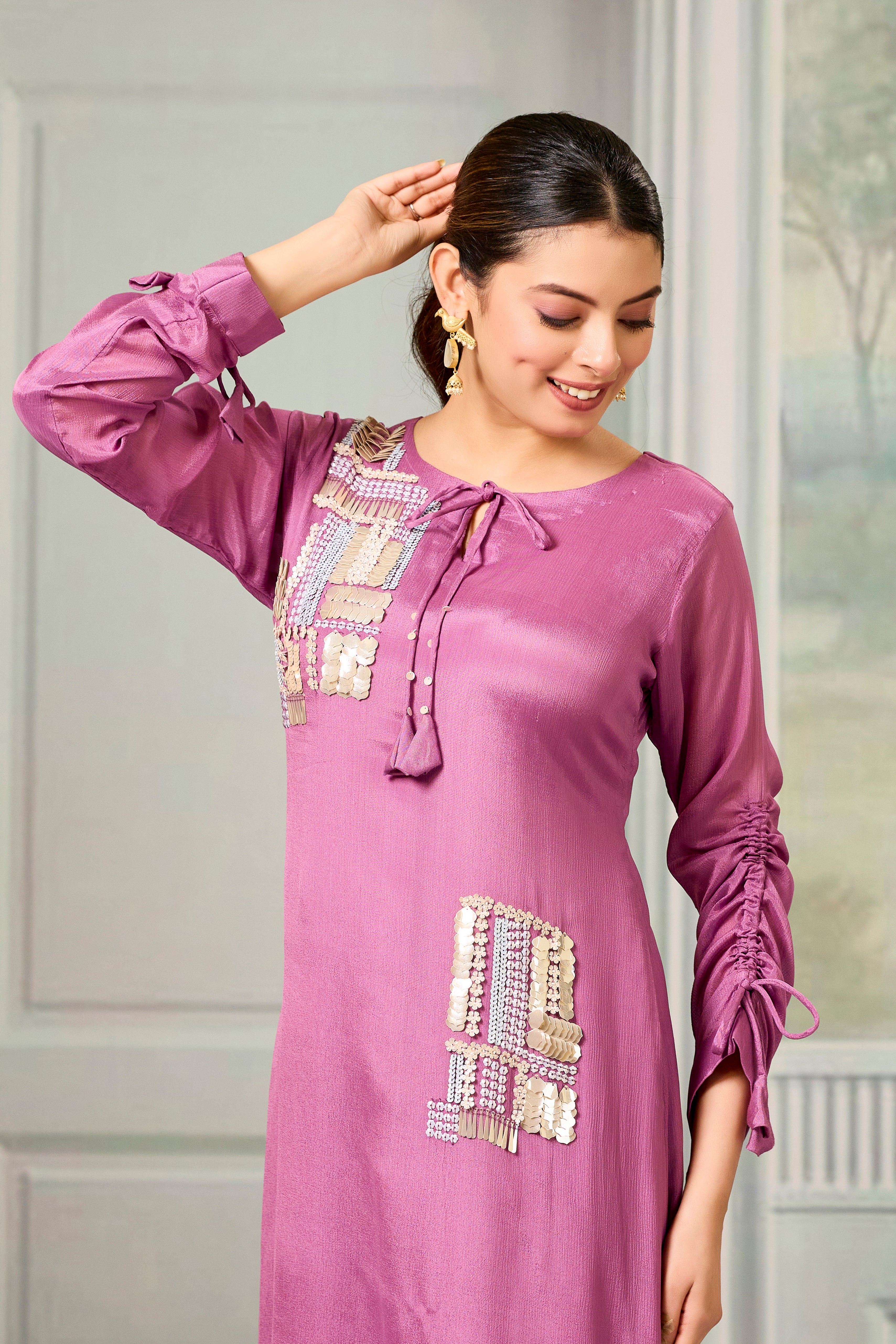 Pink Handwork Chinon Silk Dress