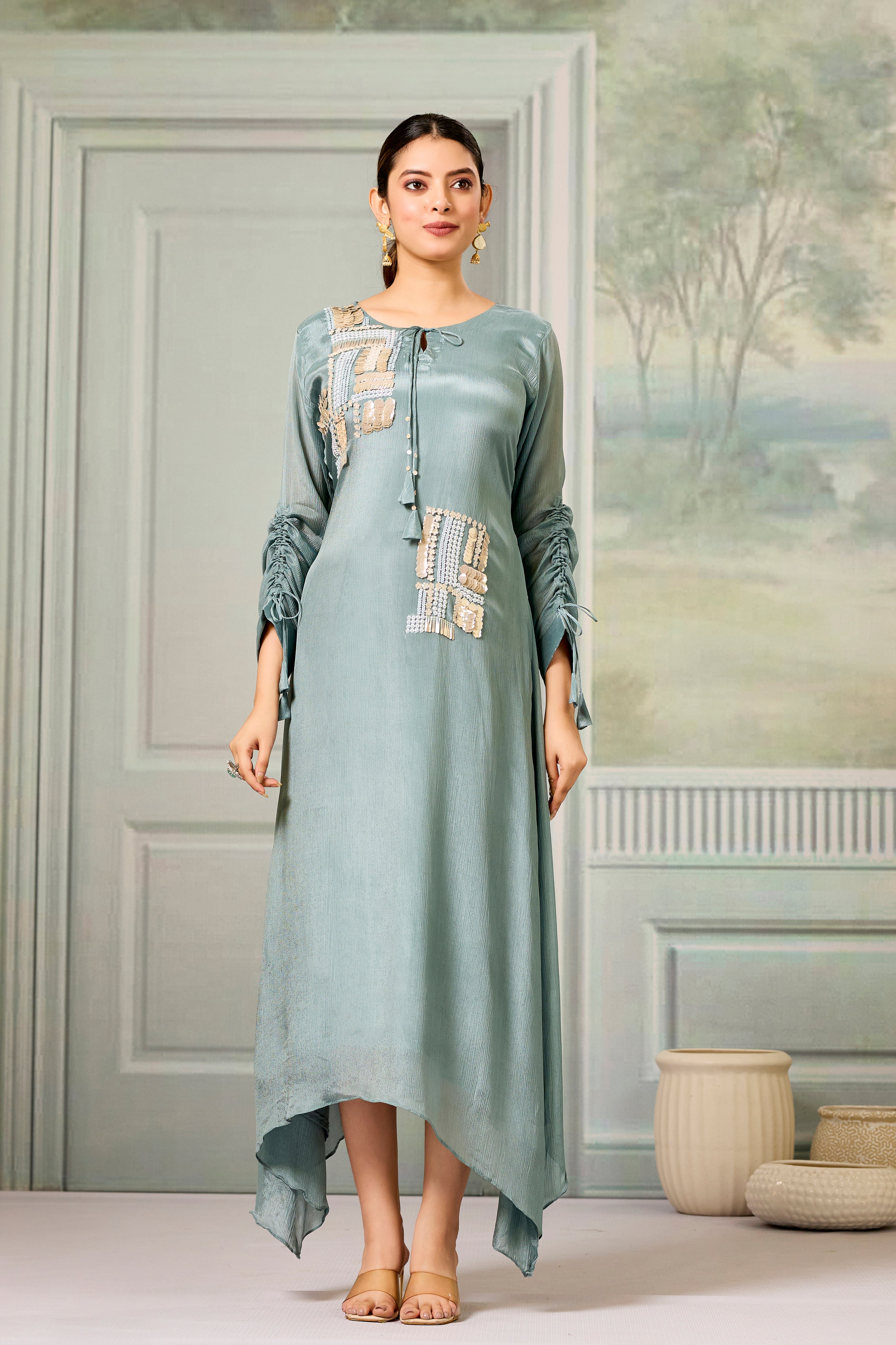 Teal Handwork Chinon Silk Dress
