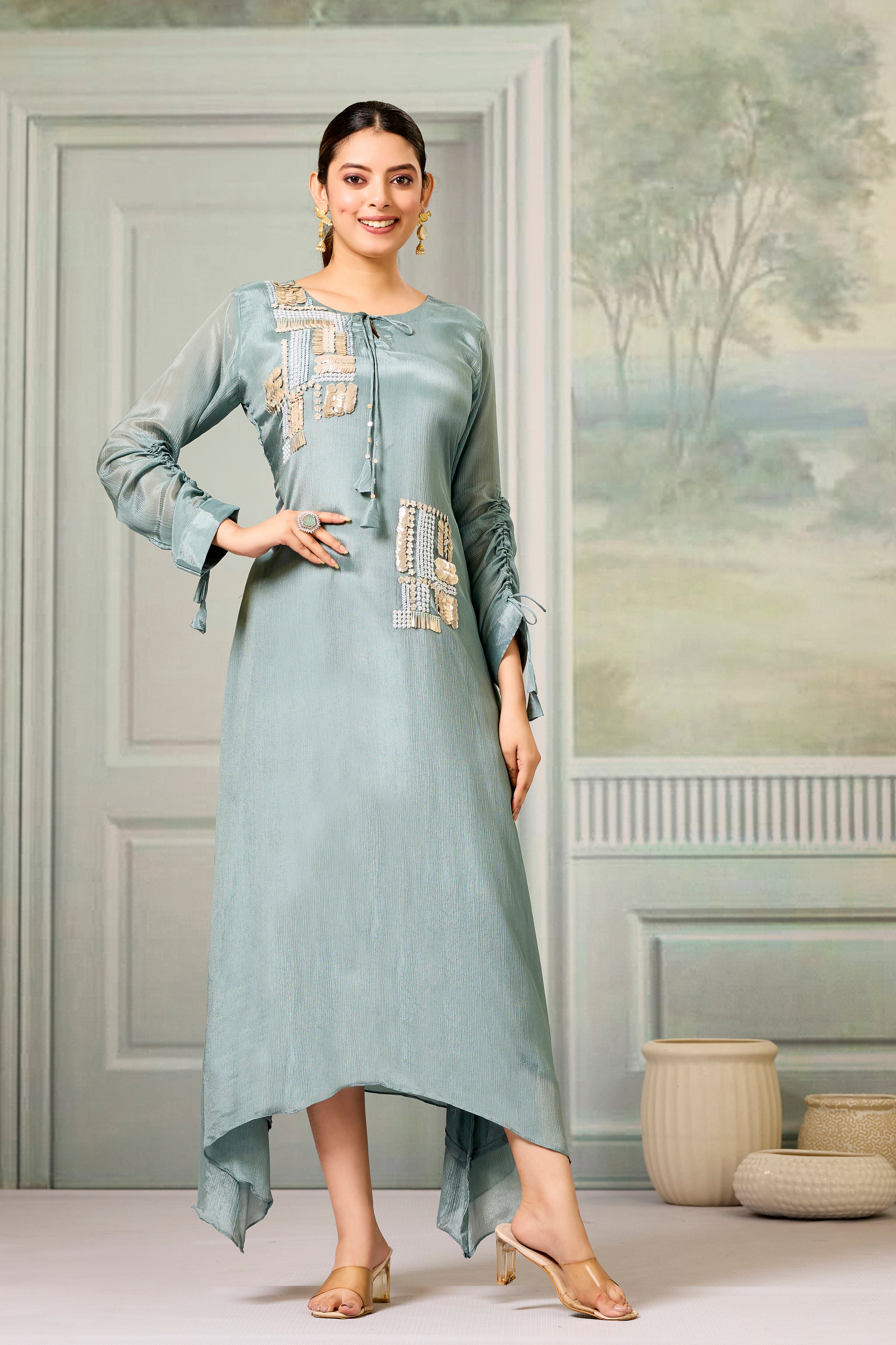 Teal Handwork Chinon Silk Dress