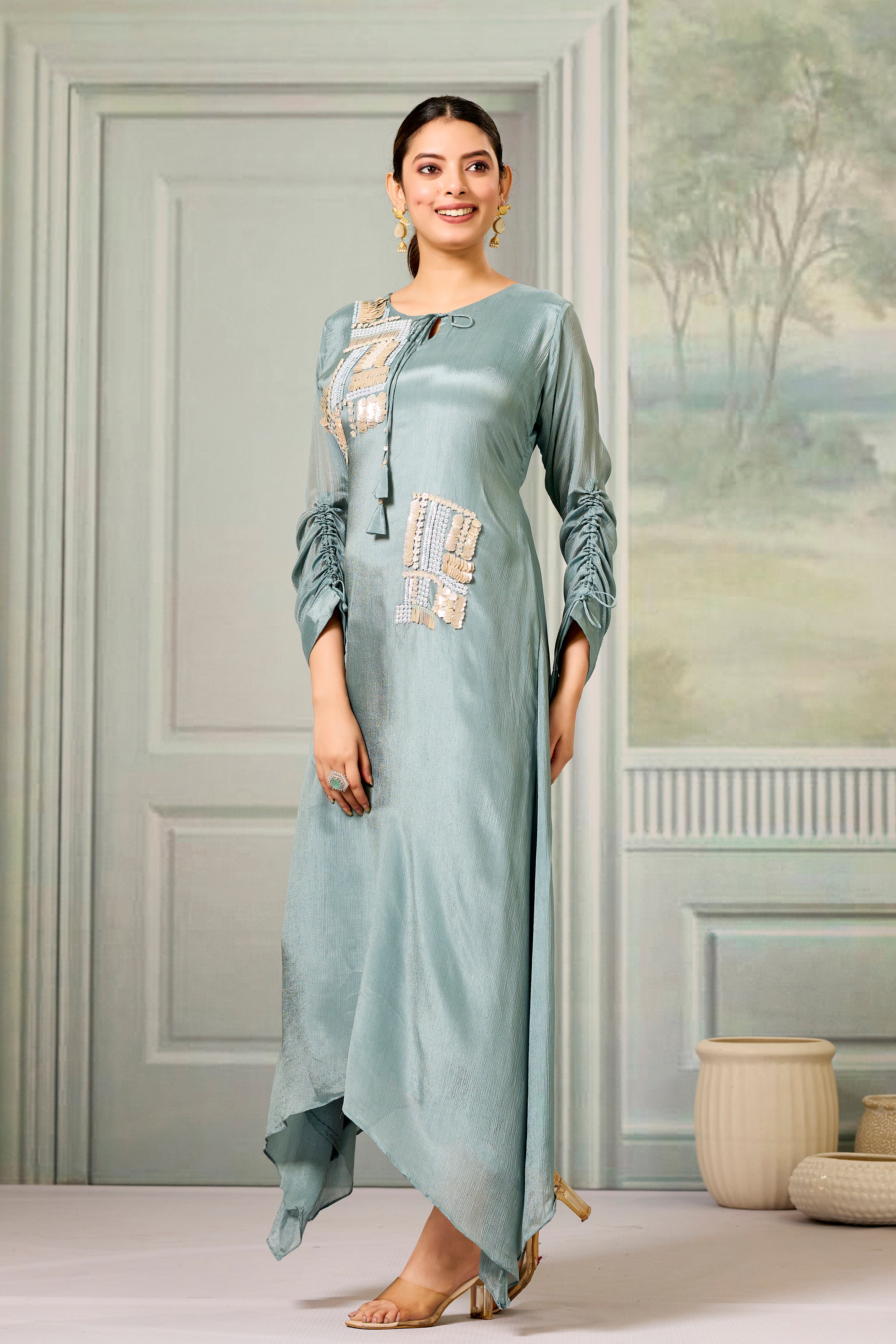 Teal Handwork Chinon Silk Dress