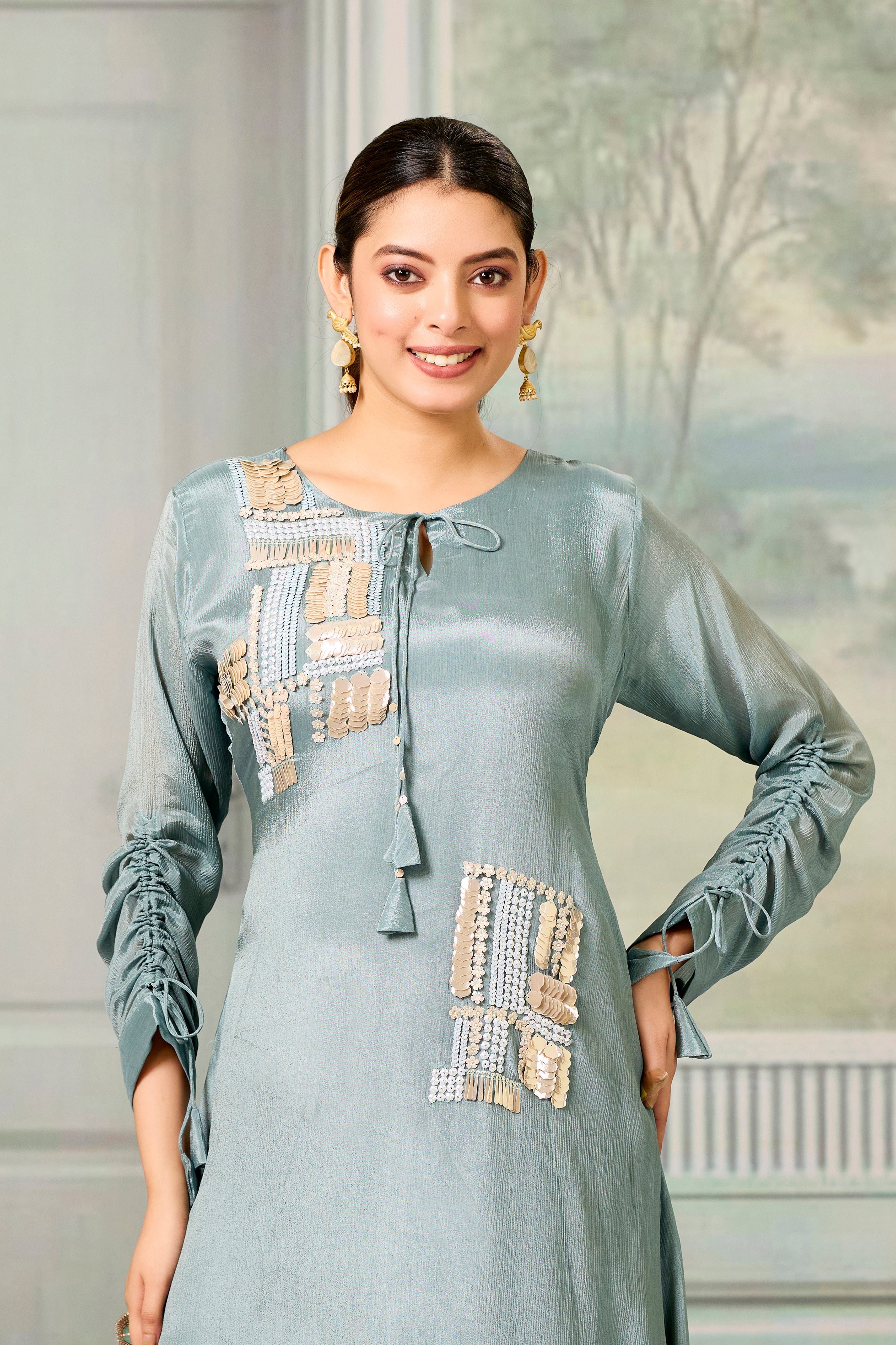 Teal Handwork Chinon Silk Dress