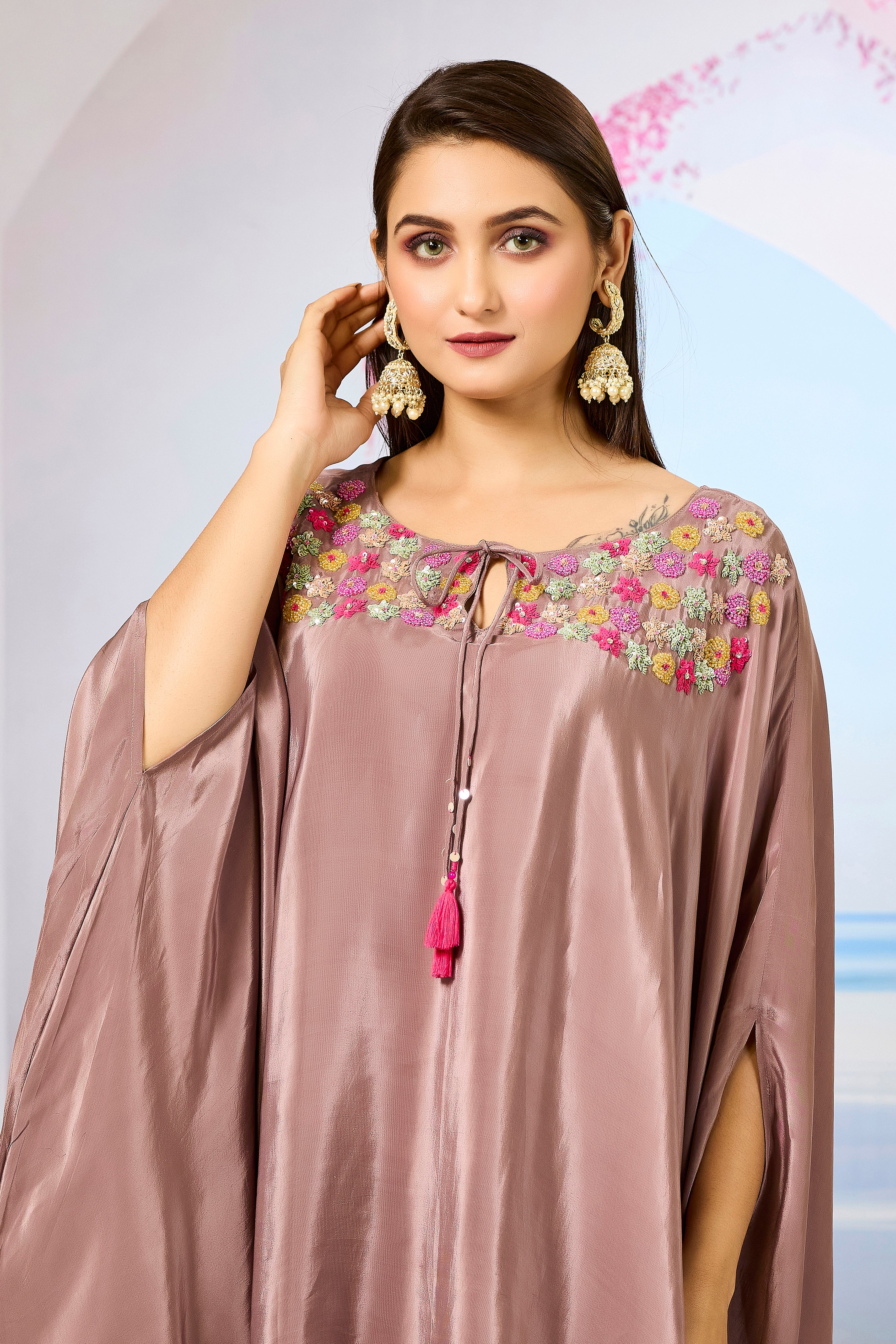 Brown Handwork Crepe Silk Kaftan Dhoti Set